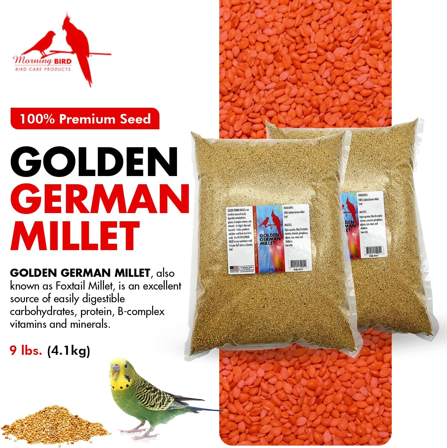 Morning Bird Golden German Millet 18 lbs (2-Pack, 9 lbs Each) – Natural Millet Seed for Birds – Natural Protein & Fiber Source – Easy-to-Digest Daily Nutrition for All Bird Types