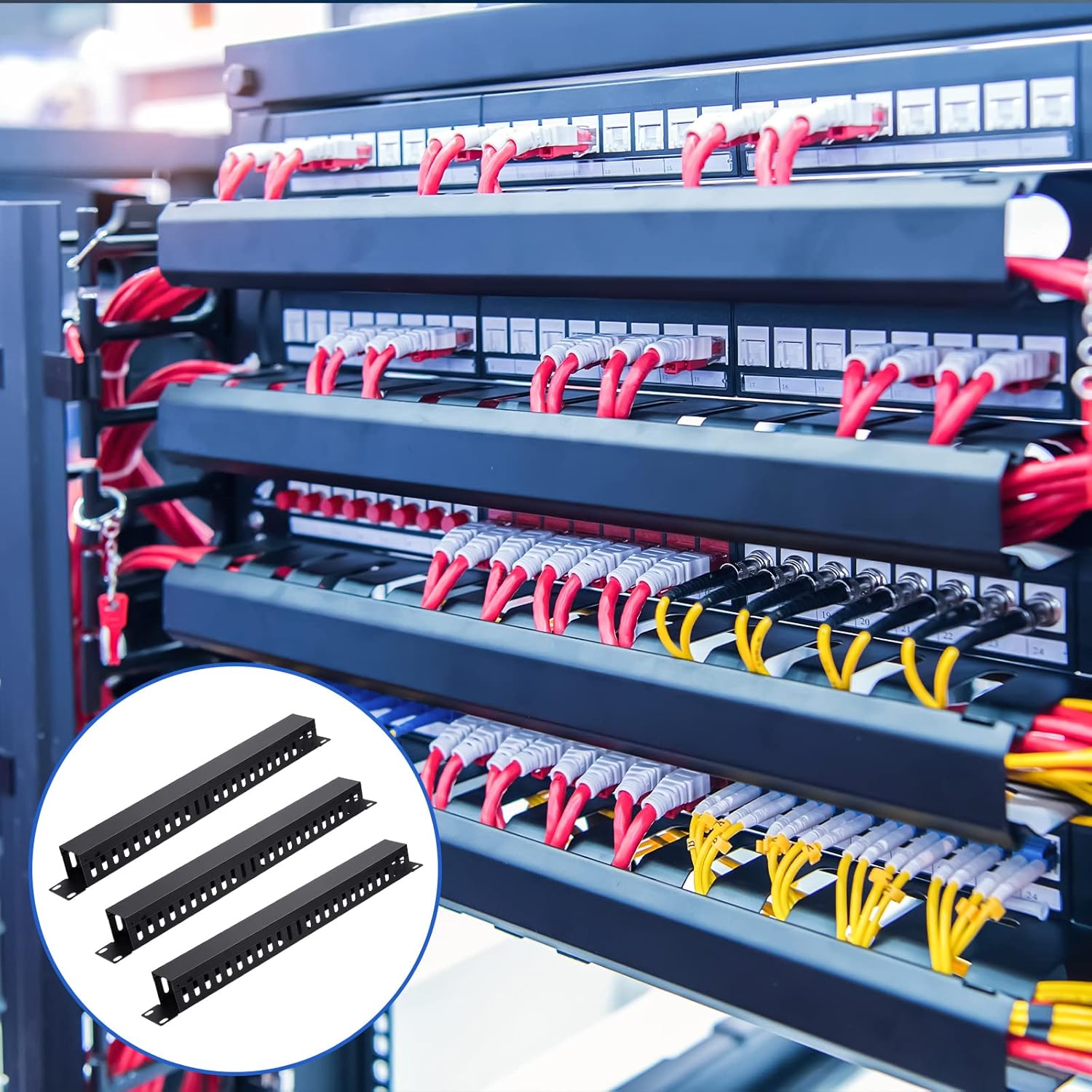 8 Pieces 19 Inch Cable Manager 1U 24 Slot Horizontal Server Rack Mount Cable Management Organizer Raceway Metal Finger Duct with Cover and Screw for Wire Network Wall Cord, Black