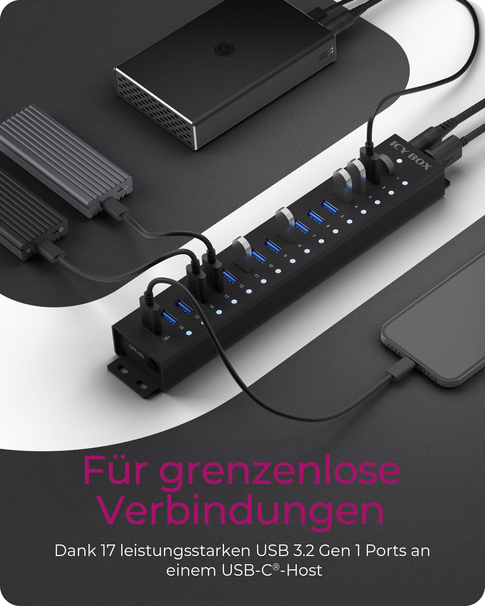 ICY BOX USB HUB (17 Ports) 16x USB & 1x USB Laden, USB 3.2 Gen 1 (5 Gbit/s pro Port), mit 96W Netzteil, USB-A, Aluminium, IB-HUB1717-U3