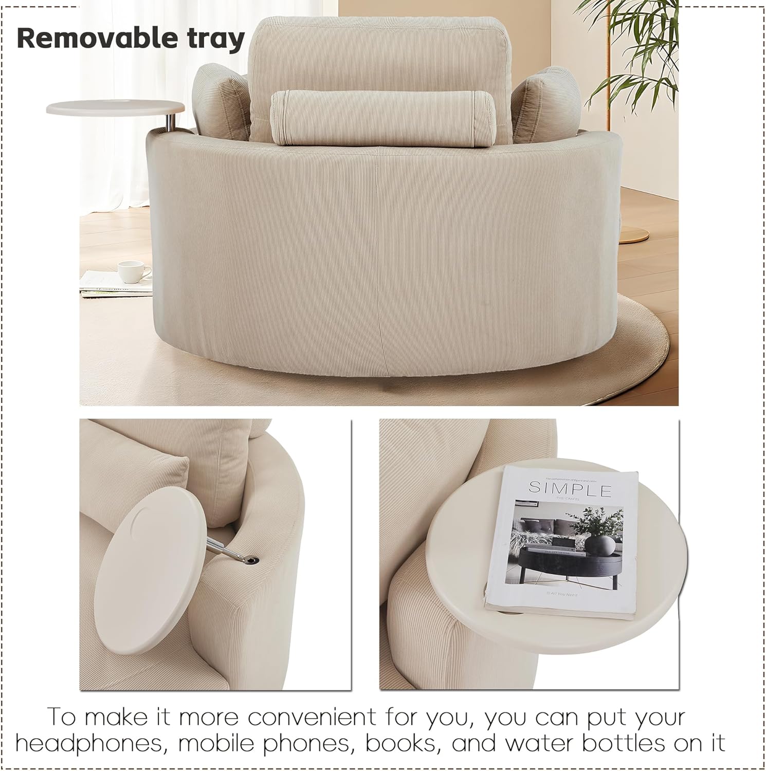 Swivel 51" Accent Barrel Chair with Storage Ottoman,Tray,Solid Color Corduroy Fabric Round Oversize Leisure Chair for Living Room,Hotel,Club Lounge(Cream Color)