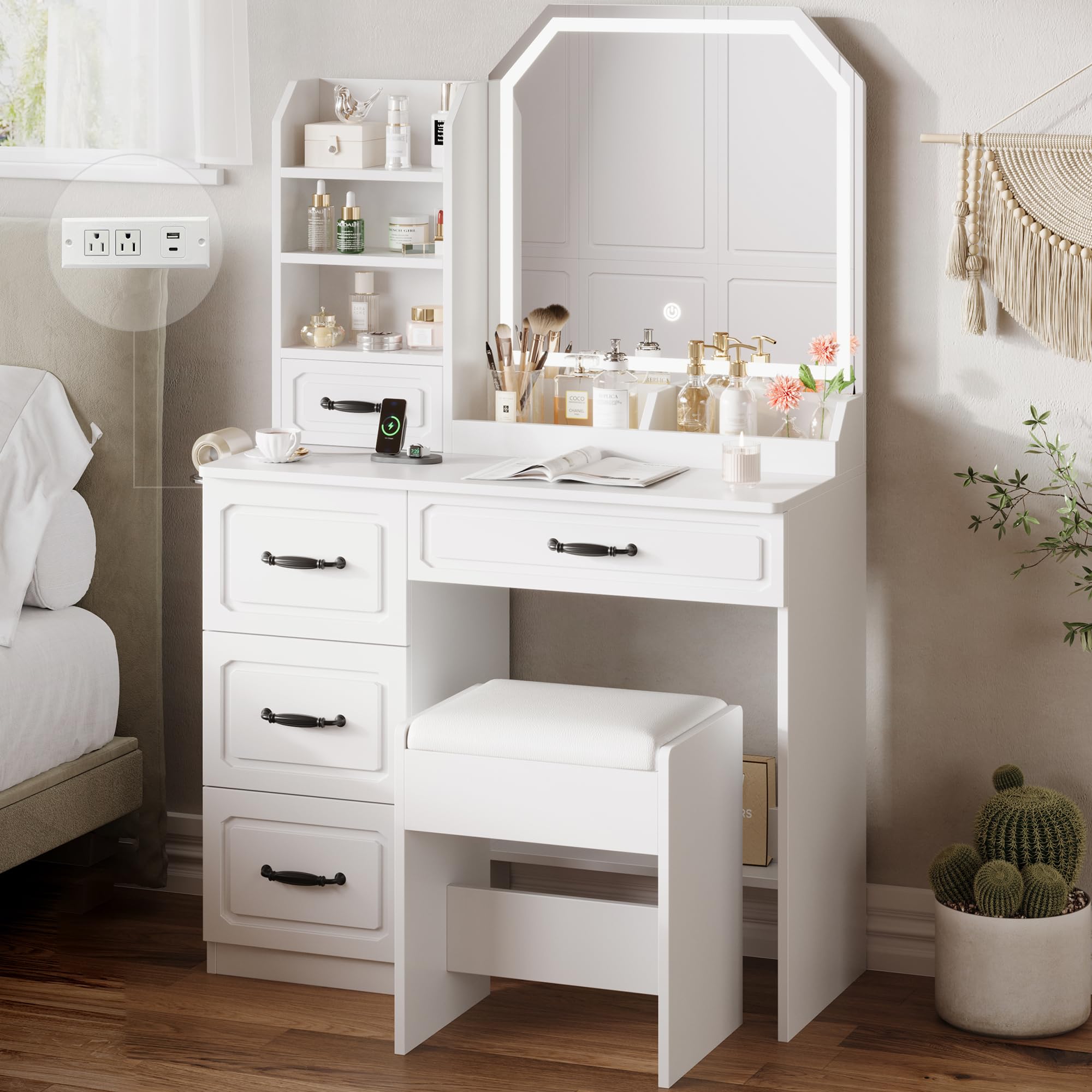 Tocador De Maquillaje Con Espejo LED Y Toma De Corriente - Escritorio Blanco Con 3 Cajones Y Banco