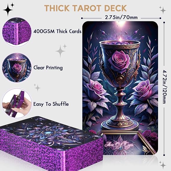 Tarot Cards Deck for Beginners with Guide Book Pretty Unique 400GSM Thick Purple Rose (Original) Tarot Oracle Cards with Embossed Edge Standard Size (4.75 * 2.75 in)