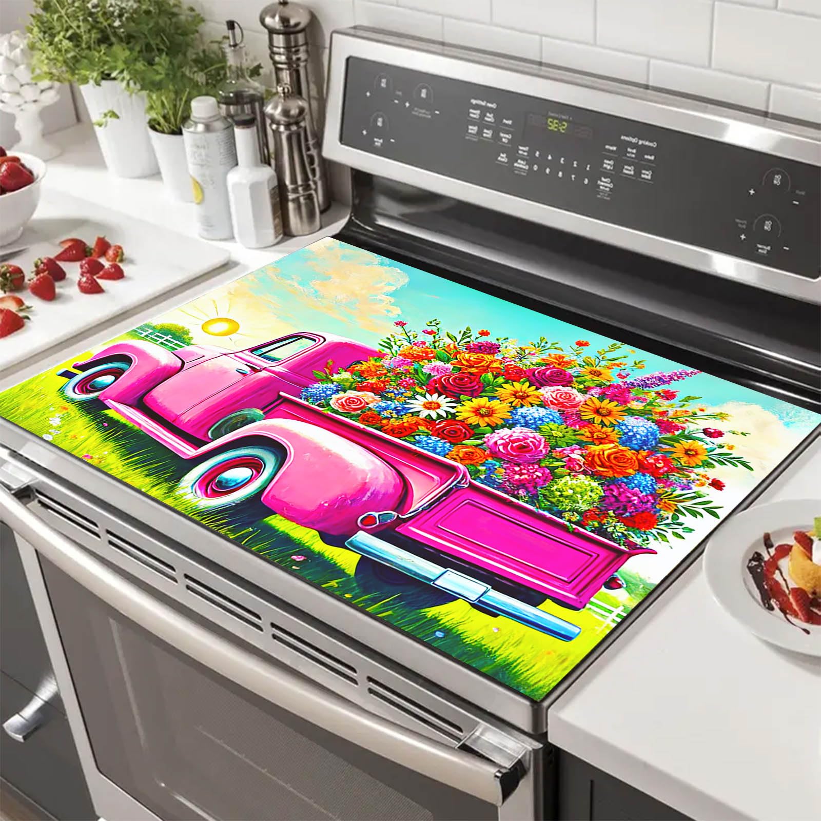 HOMETITUTE Vintage Pink Truck Stove Top Cover 28x20 Heat Resistant Mat