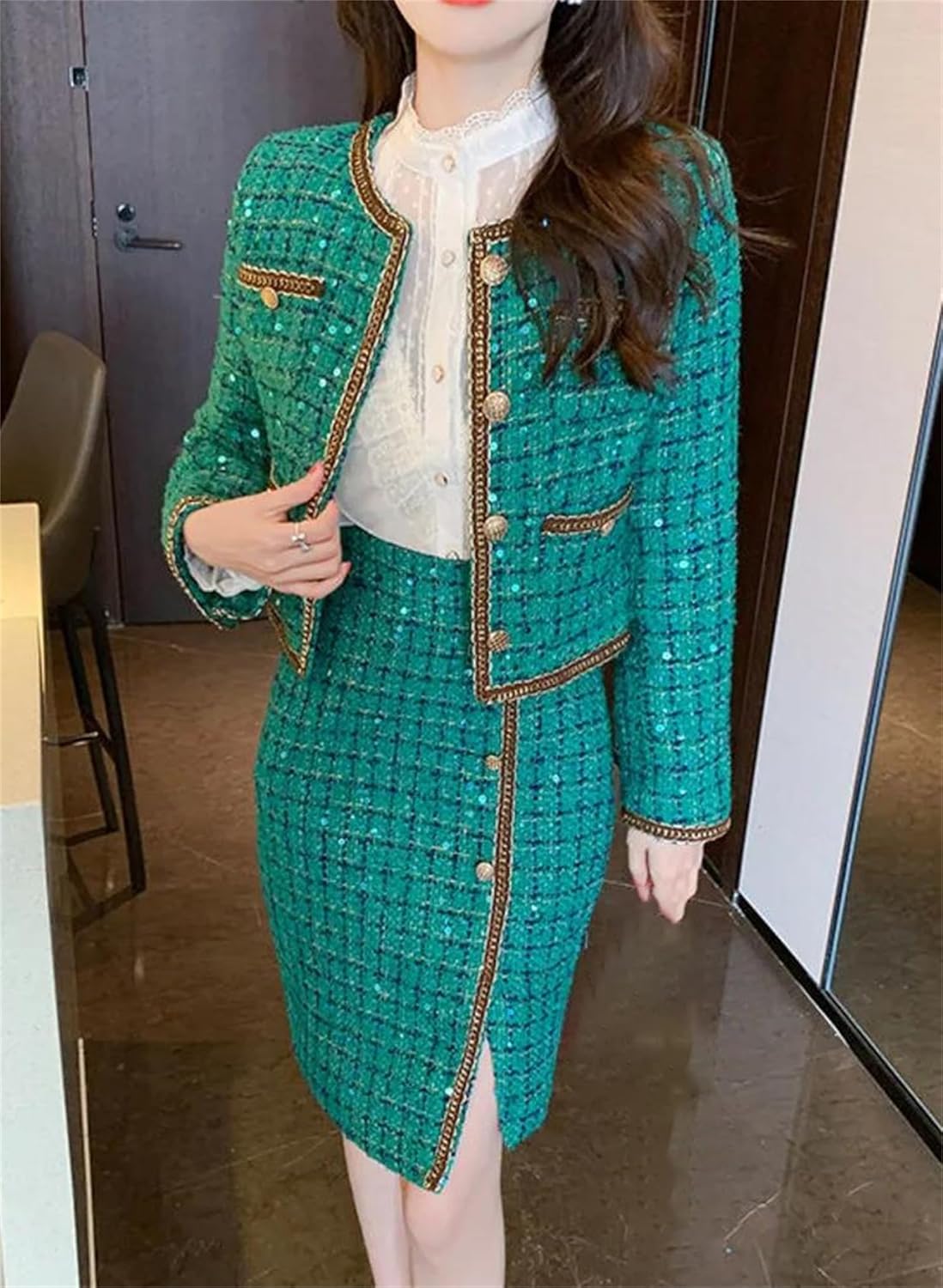 [Mnjyihy] レディース 秋冬 ツイード ツーピーススカートセット - スパンコール チェック柄ブレザー ジャケット ヒップラ