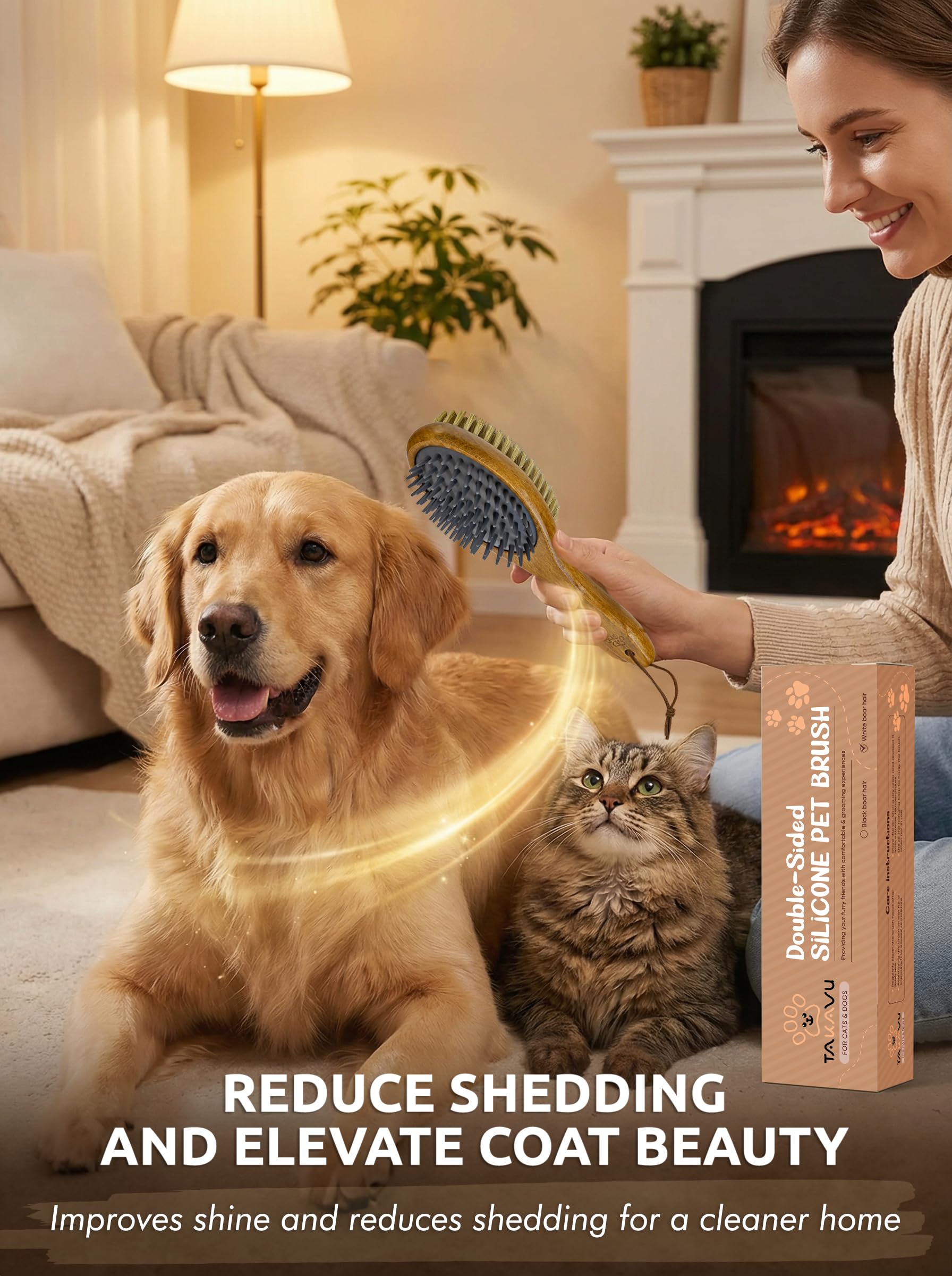 Cepillo profesional de doble cara para perros y gatos, cepillo de silicona para mascotas (cerdas de jabalí blancas)
