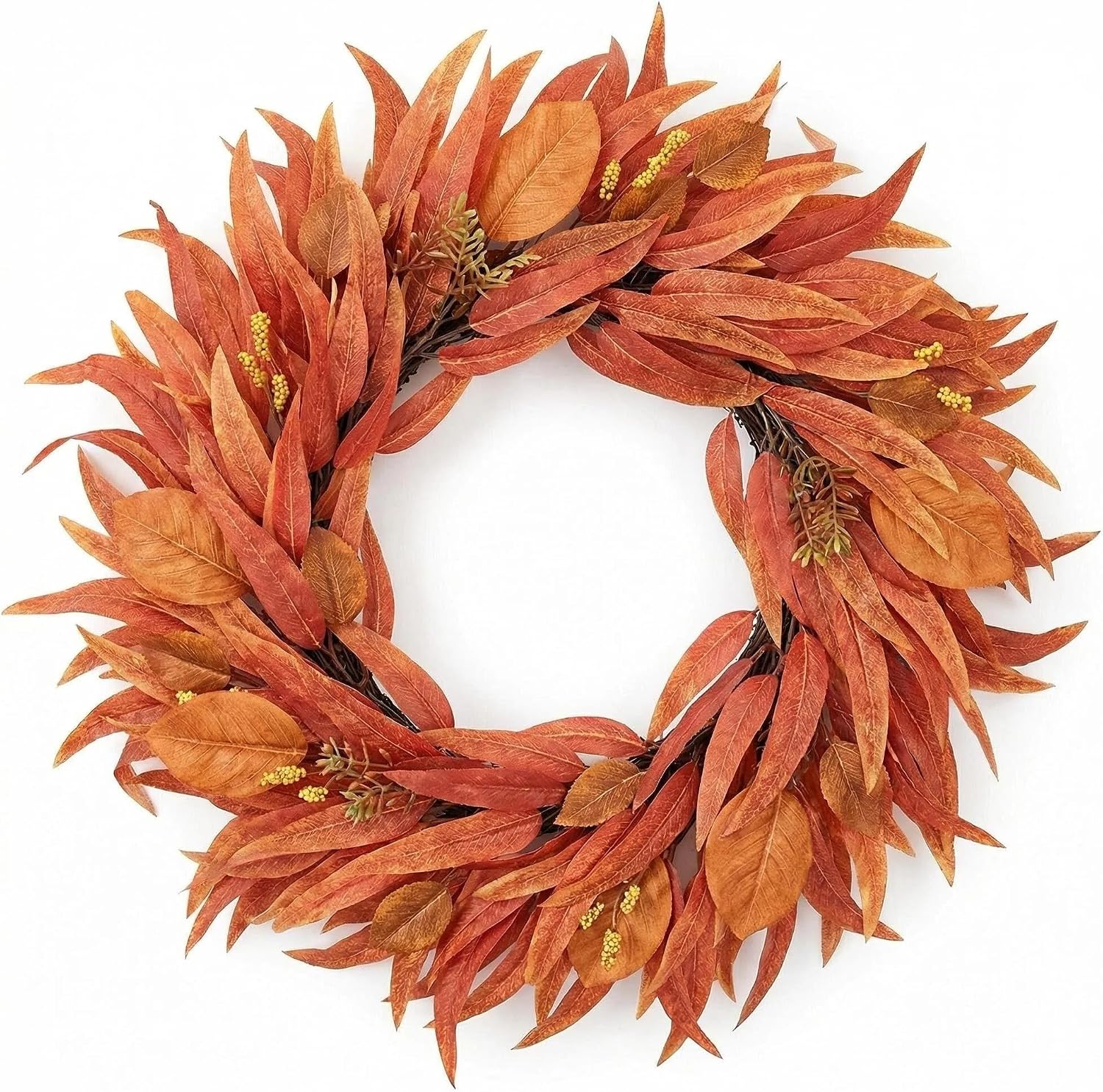 24 Inch Willow Wreath for Front Door, Artificial Fall Decor | Full 24-inch willow wreath in warm autumn tones for front doors, porches, windows and seasonal farmhouse decorating.