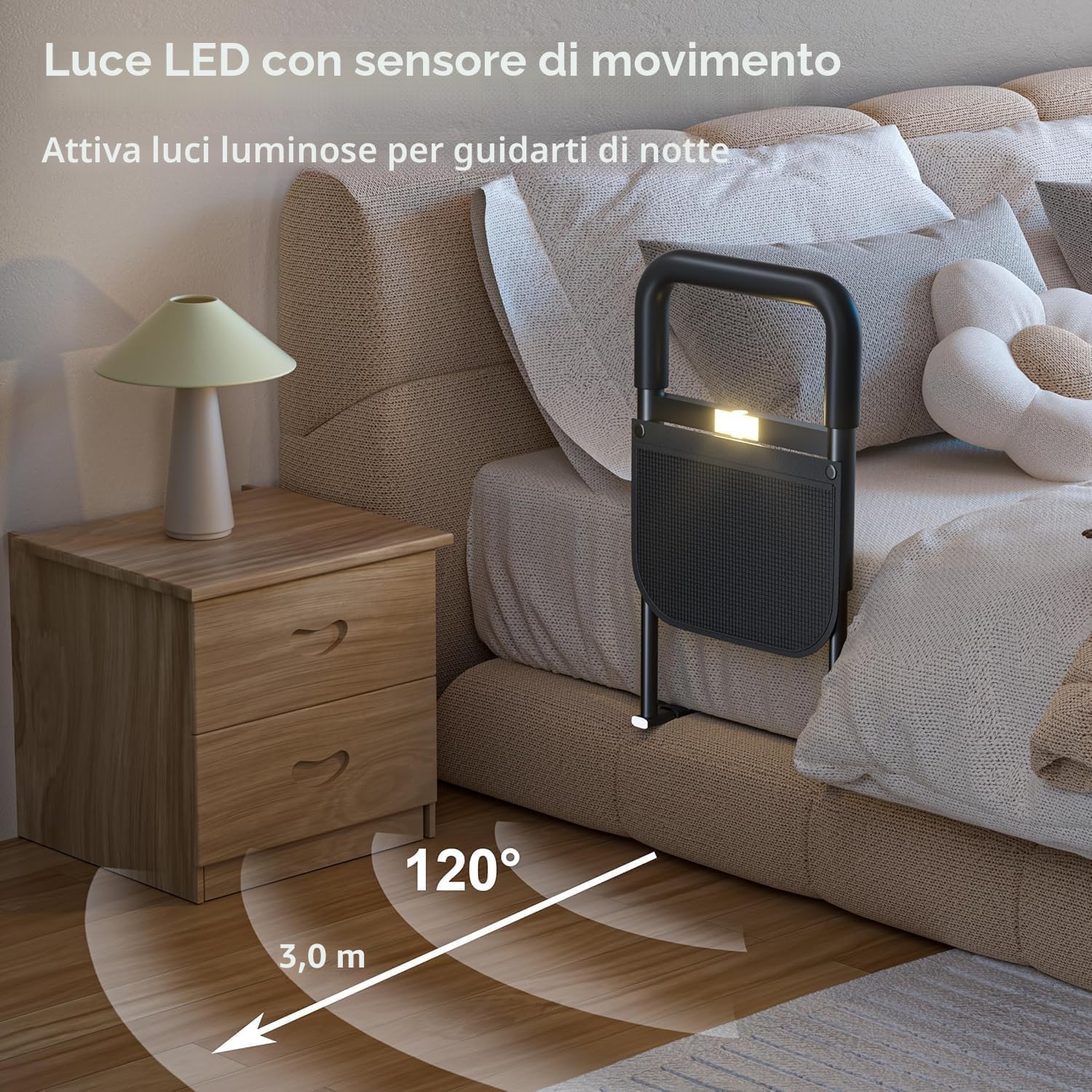 Sponda Letto Anziani Anticaduta Ausili per Alzarsi Dal Letto Regolabile in Altezza con Luce a Sensore, Supporto per Alzarsi, Sbarra di Sicurezza, Portata Fino a 180KG