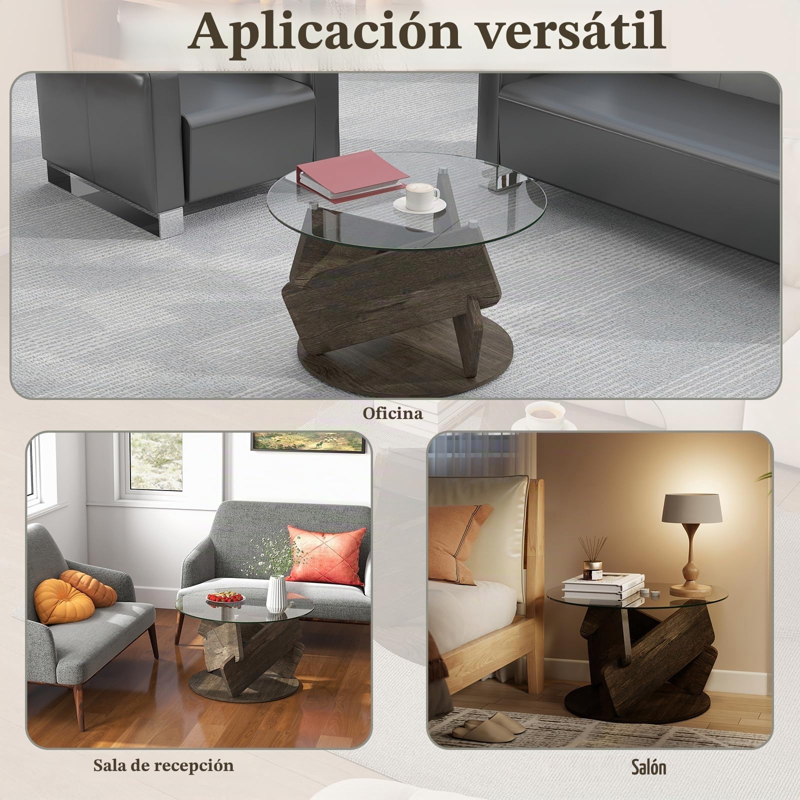LIFEZEAL Mesa de Centro Redonda con Tapa de Vidrio Templado Transparente，Mesa Auxiliar Moderna Decorativa con Patas de Madera Sólida, Mesita Auxiliar Rústica para Espacios Pequeños (Gris)