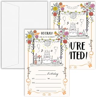 Scribble Birthday Invitations, Set of 20 Bday Invites with Envelopes, Hand Drawn Dinner Party Invitation Cards for Women Men Music Party Decorations Supplies - B15