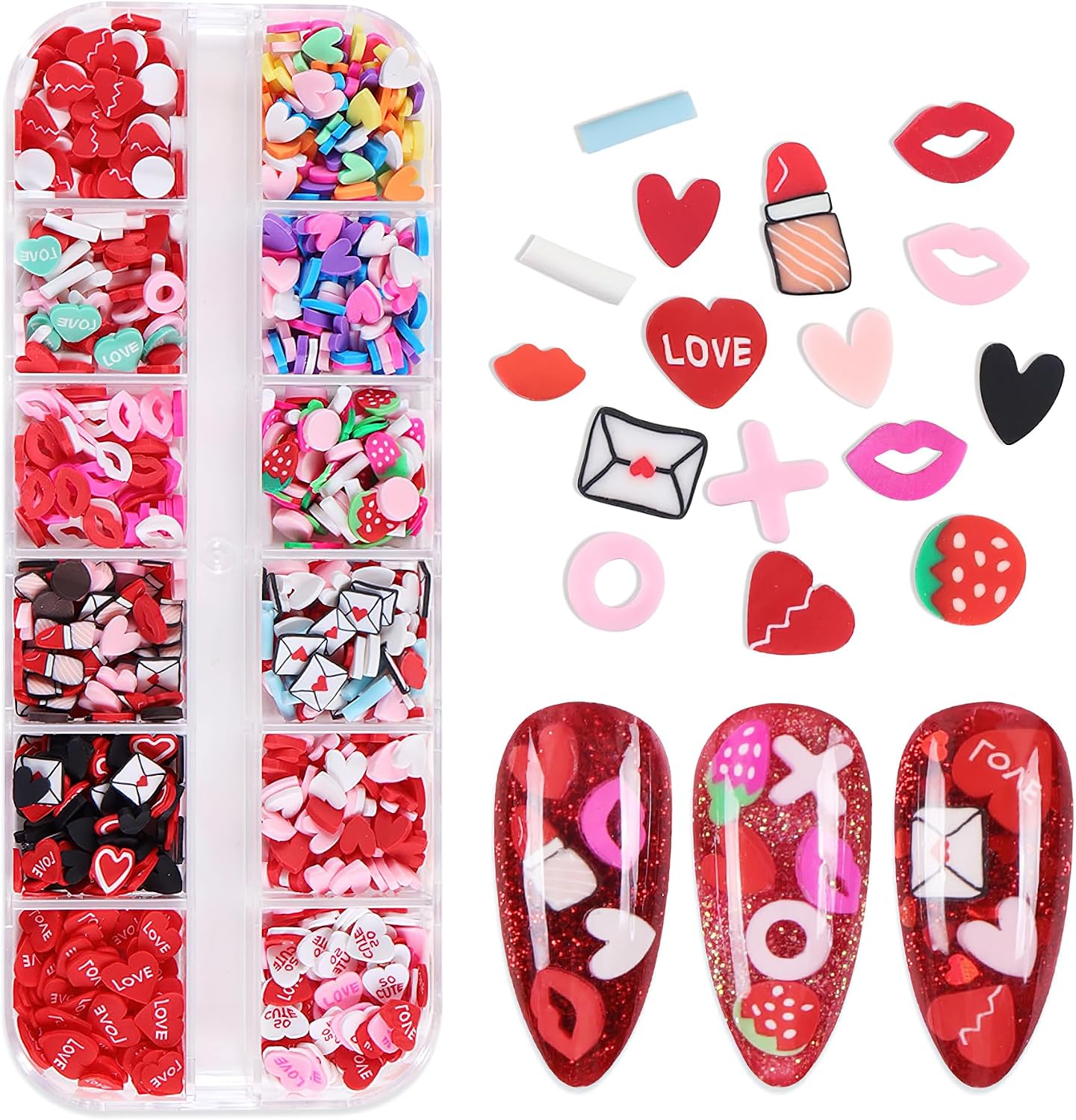 Valentines Love Hearts Nail Art Slices Sequins 3D Glitter Sweet Heart Love Lips Envelope Design Candy Colors Nail Sequins Flake Charms for Women Girls DIY Nail Art Decorations Nail Decals Paillettes