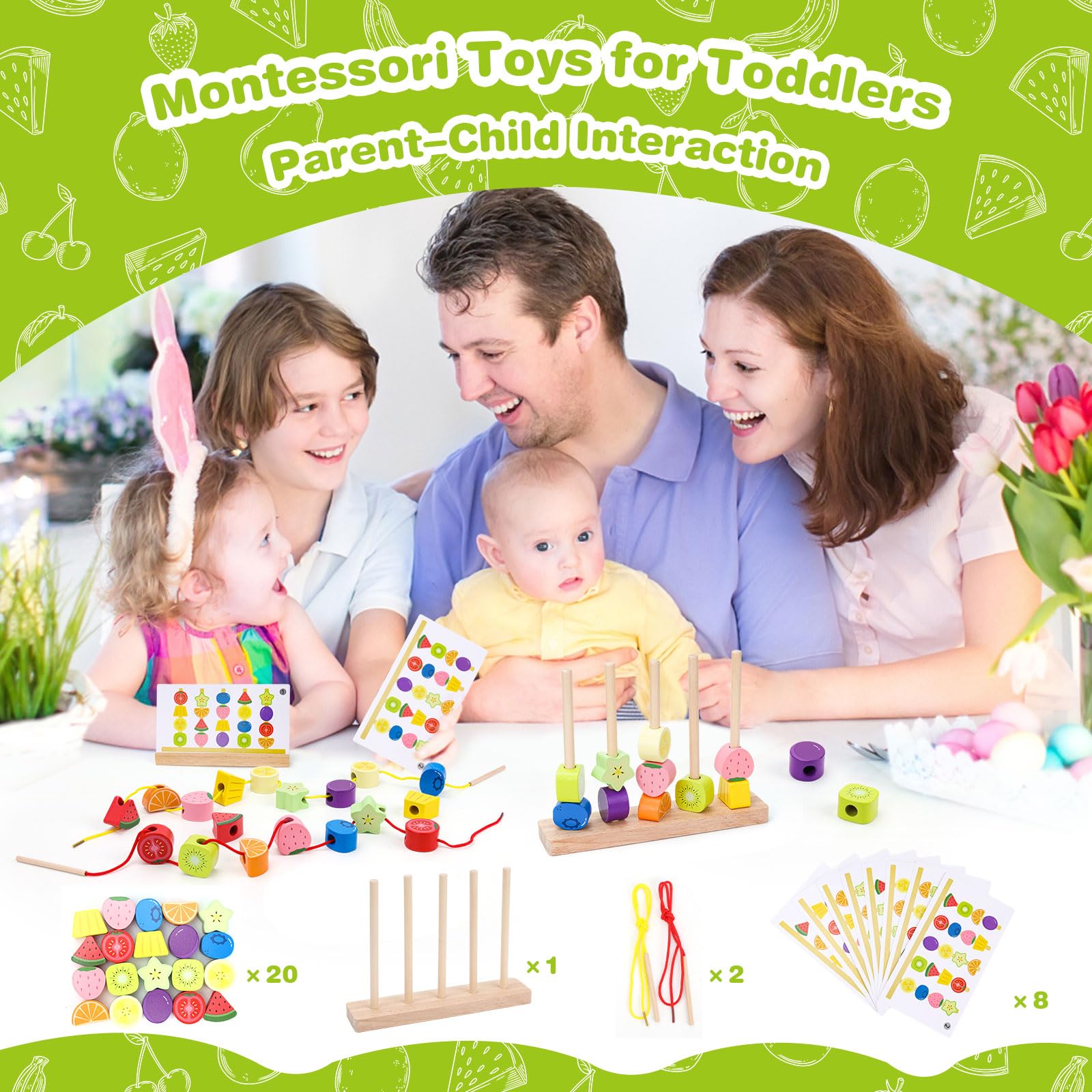 GiddyGlow Juguetes de Madera Montessori para Niños 2 3 4 Años： Juego Educativo con Ensartar Cuentas y Apilar Bloques para Motricidad Fina + Regalo Niña Niño 2-5 Años