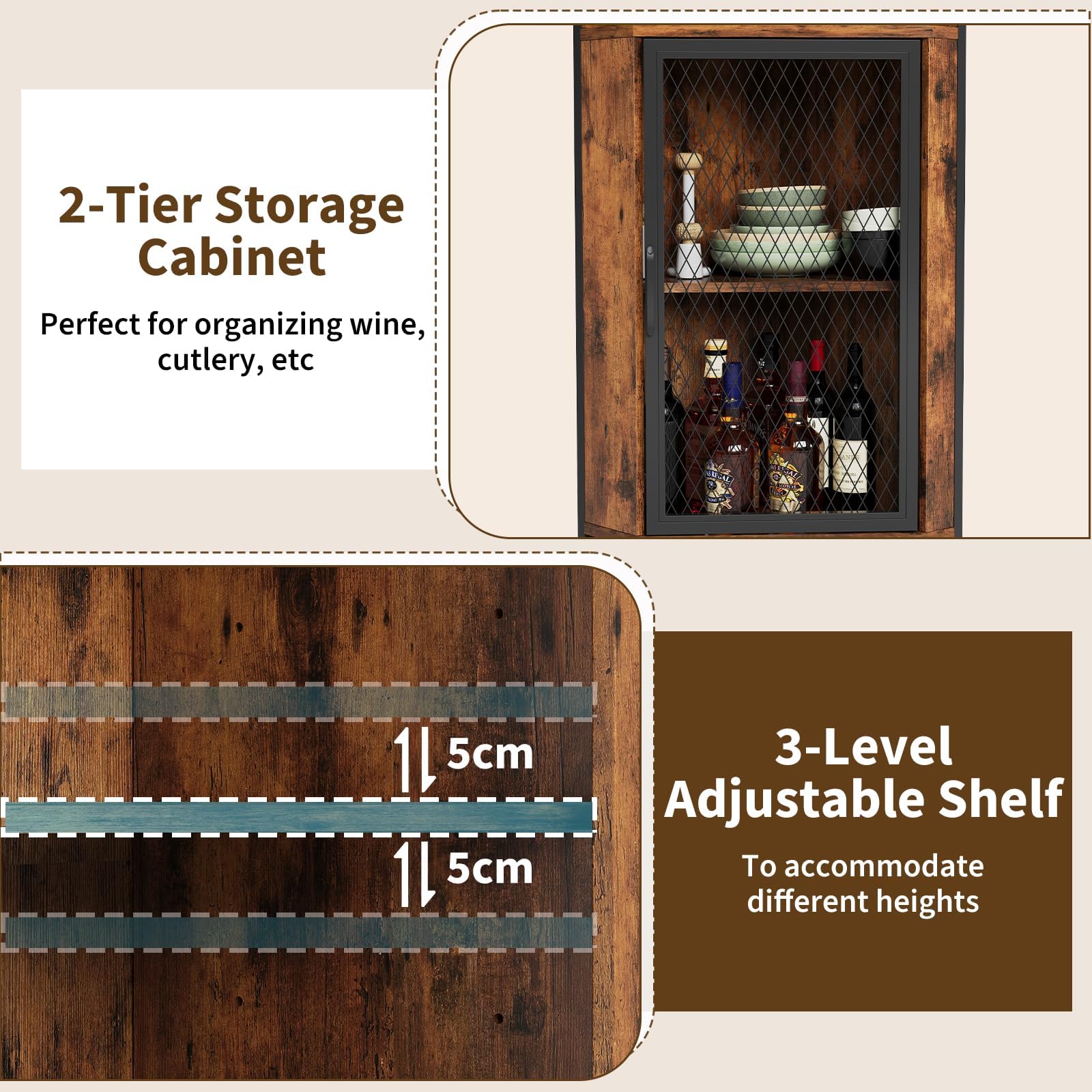 Garvee Eckregal Stehend Holz 178 cm, 5 Ebenen Eckschrank Schmal mit Weinflaschenhalter & Weinglasständer, Standregal mit X-förmigem Schutznetz, Weinschrank Barschrank für Wohnzimmer Küche, Braun