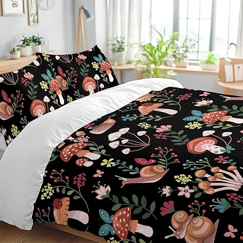 Miniatura 3 de SOULZZZ Juego de funda de edredón con estampado de hongos florales para niñas, juego de ropa de cama de caracol marrón con flores rojas y rosas con