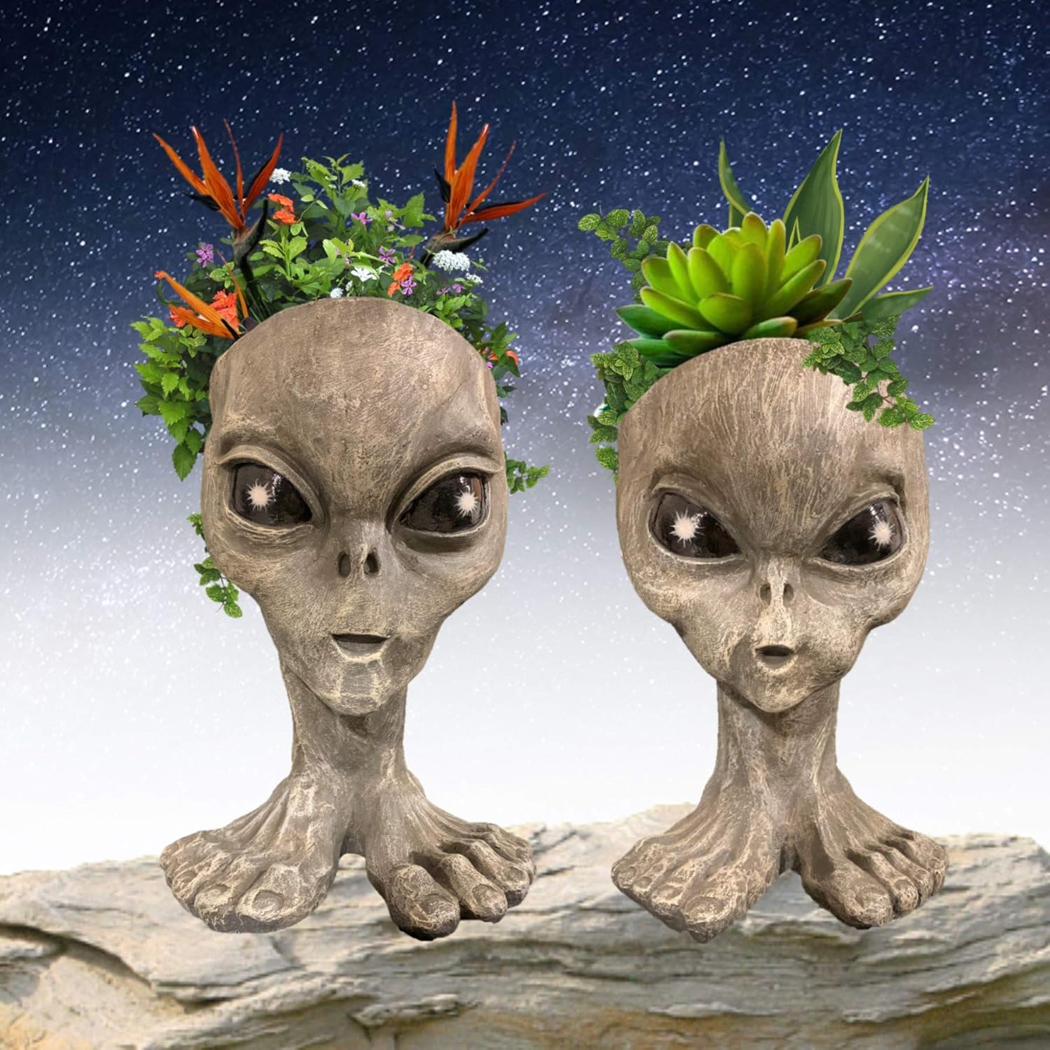 Muggly Alien Sister Zoe & Brother Roswell Planter Pot Extraterrestrial Celestial Being from Outer Space Patio & Garden Statue in Roswell Greys Stone-Gray Finish