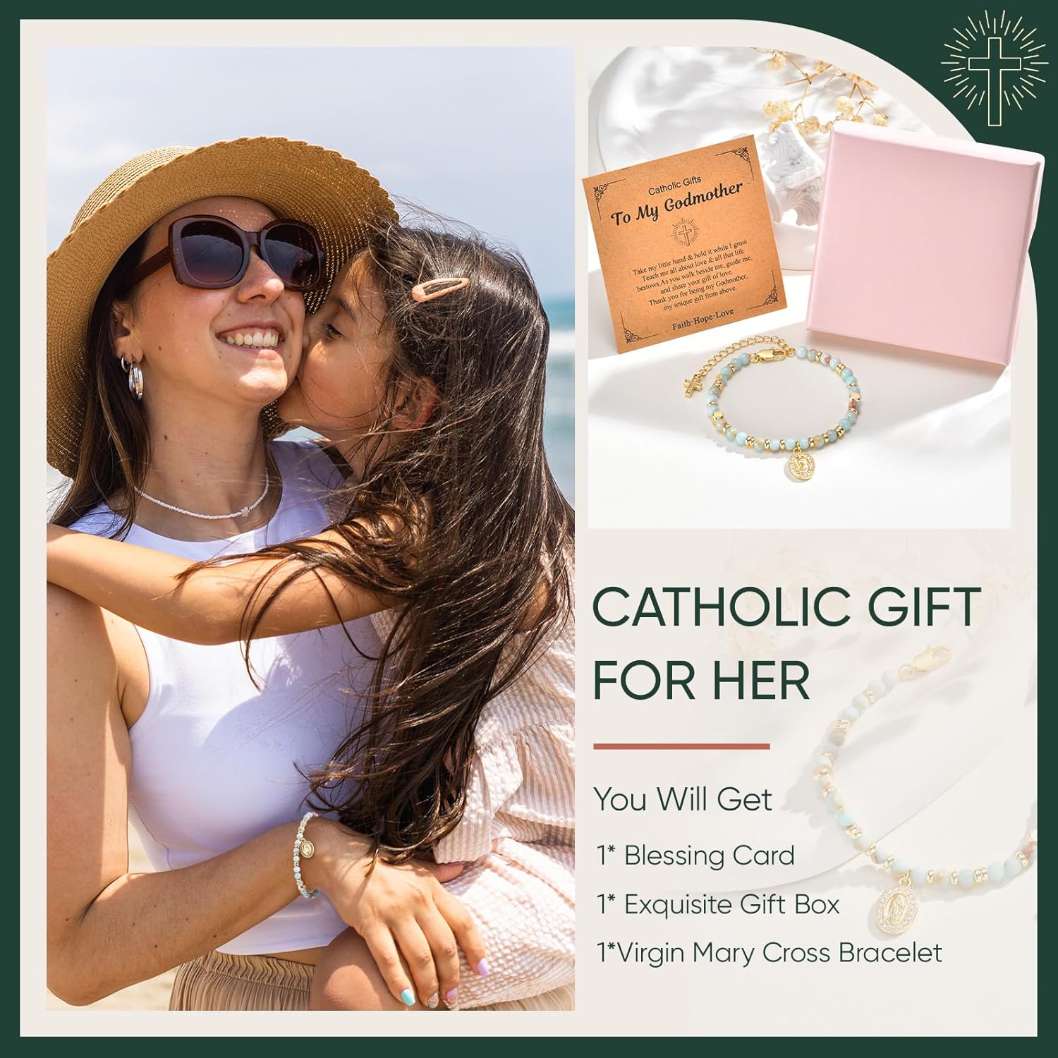 Women's Gold Virgin Mary Bracelet - 14K Gold Plated Religious Cross Bracelet,Dainty Golden Catholic Virgen De Guadalupe Cross Beaded Jewelry,Faith Confirmation Baptism First Communion Gifts for Women - Image 3