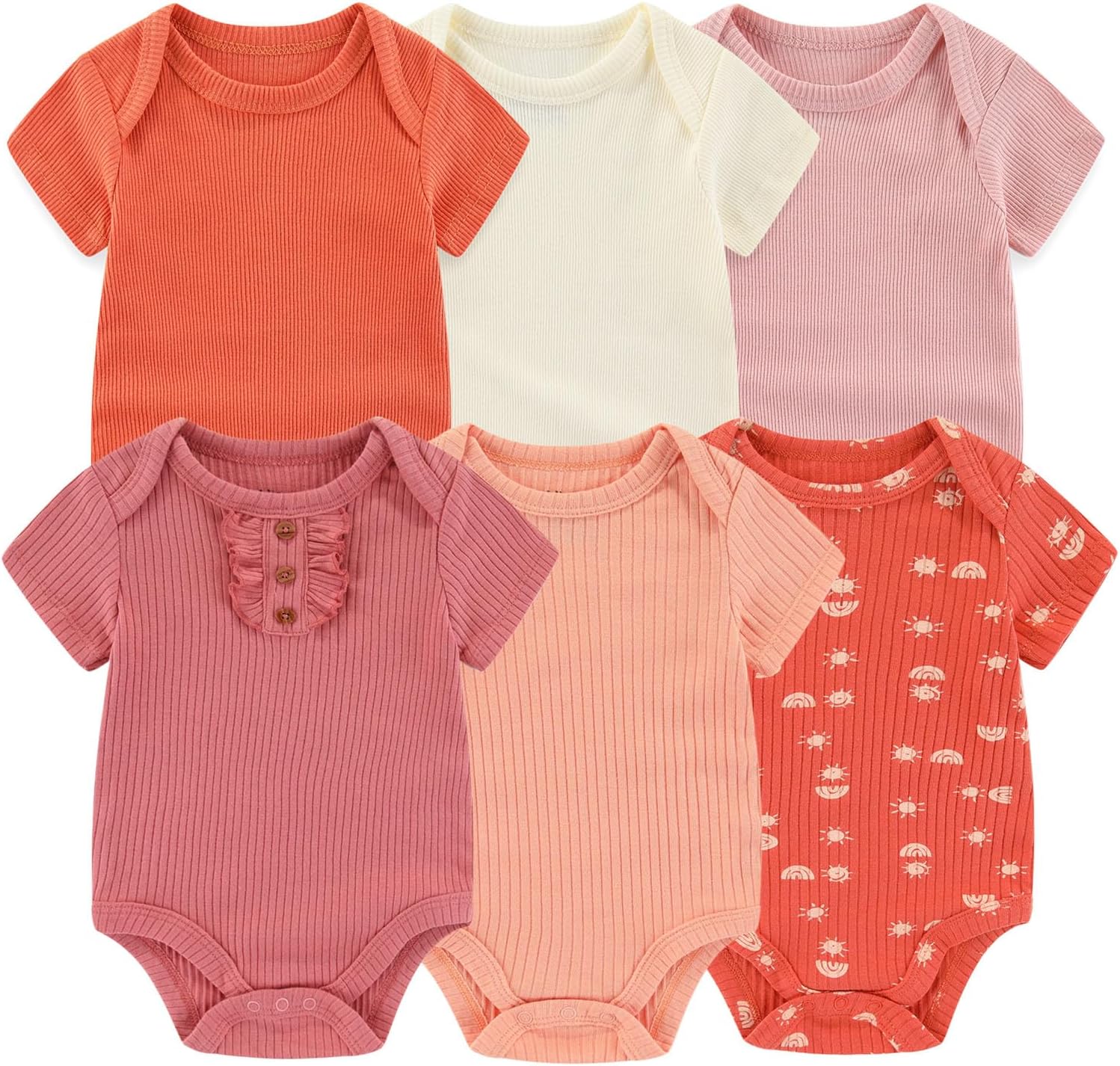 Ruliby Baby Bodysuit 6 Pack Soft Mixed Ribbed Short Sleeve Romper Infant Boy Girl Clothes Set