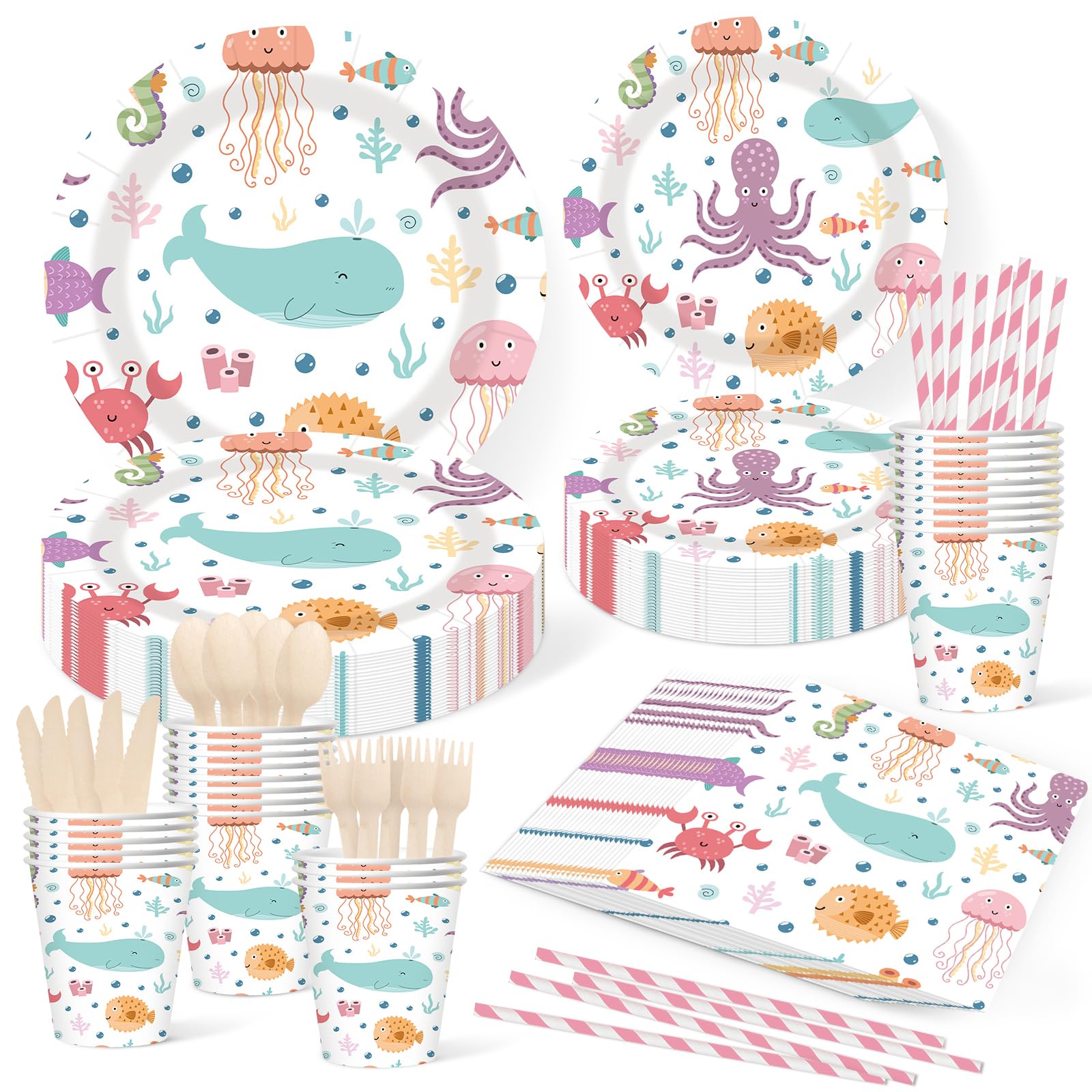 fanquare Ocean Theme Party Tableware Set 25 Guests, Paper Plate Cup Napkins