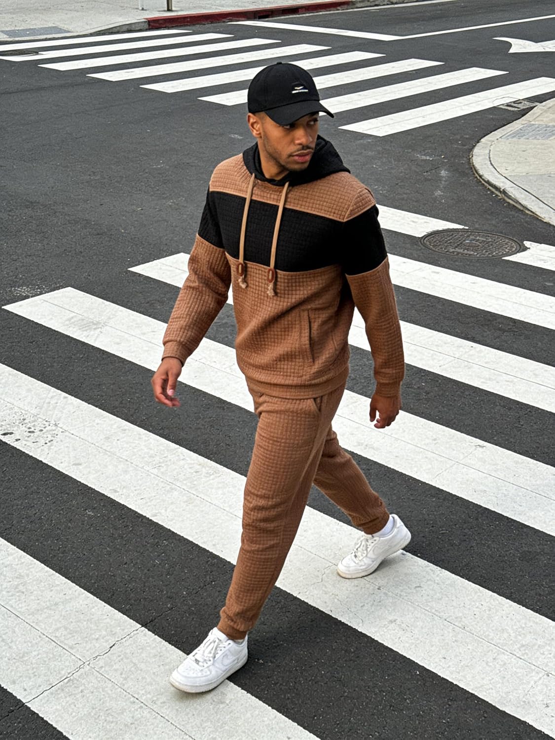 UOUA Mens Tracksuit 2 Piece Hoodie & Sweatpants Set Waffle Jacquard Sweatsuit Outfits Casual Jogging Suits - Image 4