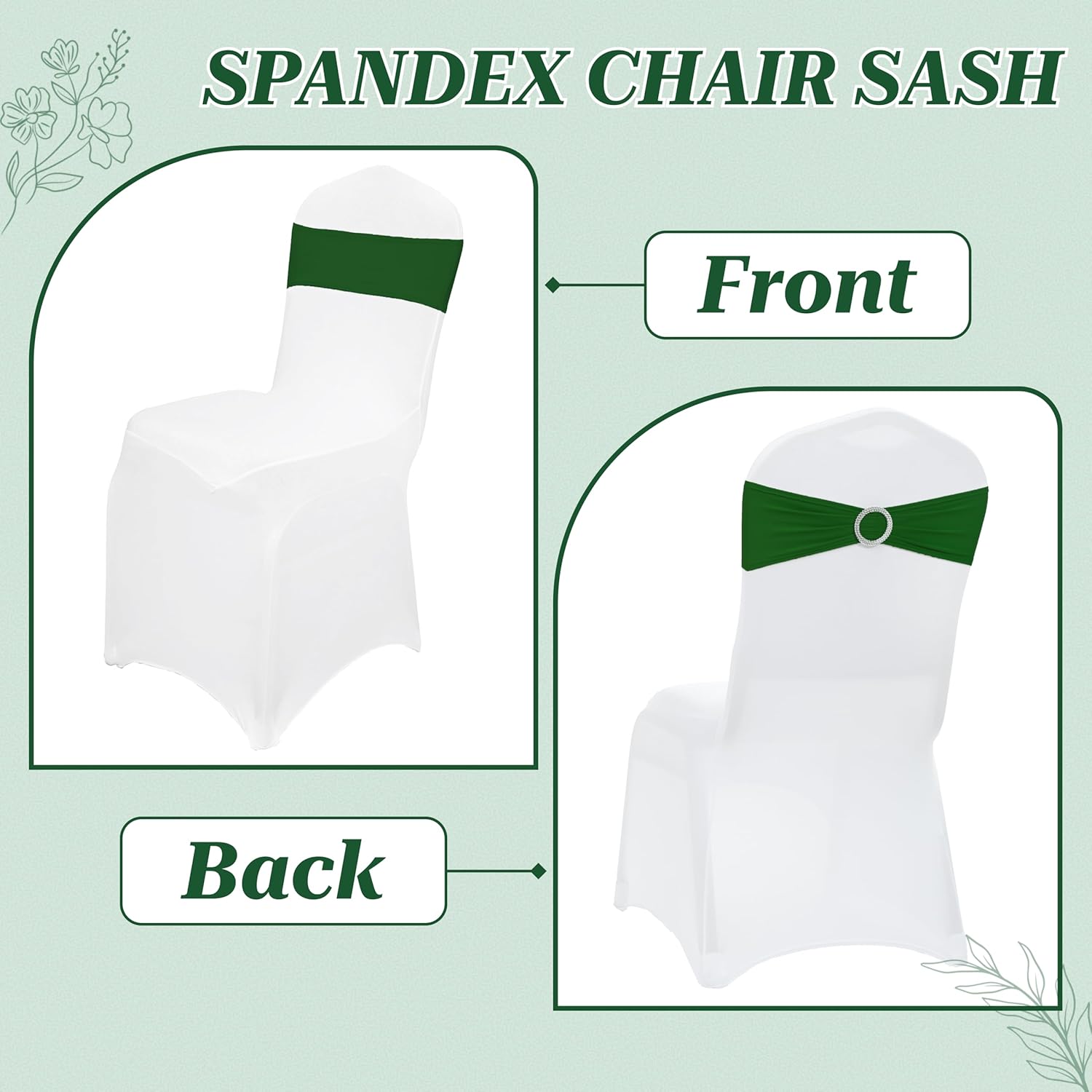 MDS Pack of 50 Spandex Chair Sashes Bow Premium Stretch Chair Cover Band with Buckle Slider Universal fits Elastic Dining Chair Ties for Wedding Party Banquet Events Decoration - Green