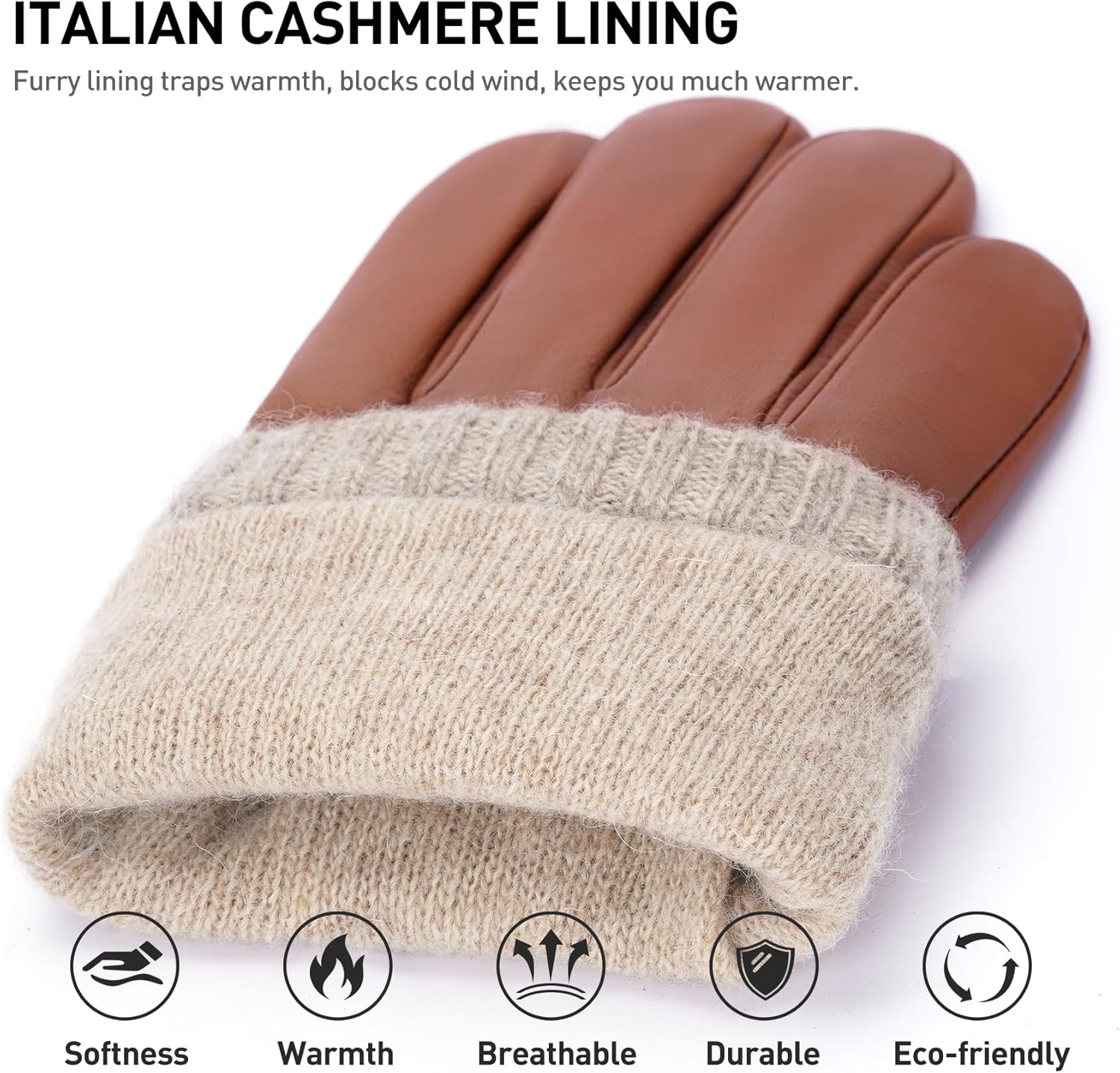 BISON DENIM Sheepskin Leather Gloves for Men, Winter Warm Touchscreen Gloves with Cashmere Lining, Driving Motorcycle Gloves - Image 2