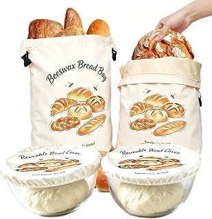 Bees Wax Bread Bag — Beeswax Sourdough Bread Bags for Homemade Bread + Reusable Sourdough Bowl Covers, Bees Wrap Reusable Food Wrap Bread Storage Keeps Loaves Fresh, Baking Essentials for Home Bakery