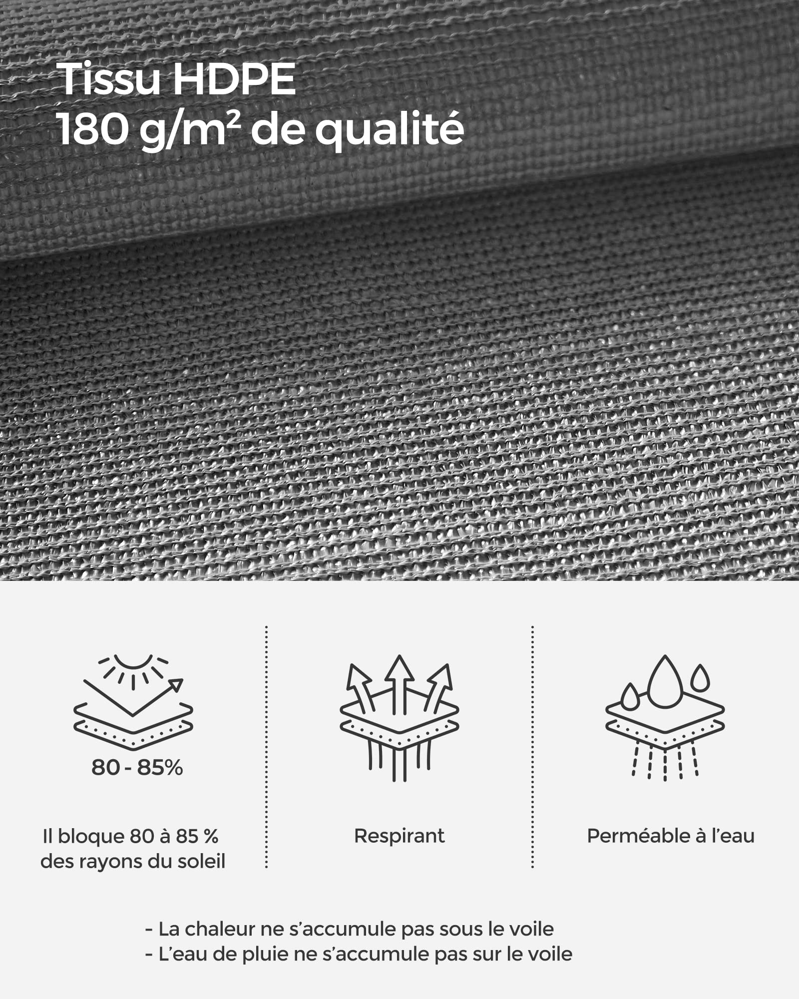 SONGMICS Voile d’Ombrage 4 x 4 m, Protection Solaire en Tissu HDPE, Respirant, Perméable à l’Eau, pour Terrasse, Jardin, Balcon, Camping, Carré, Concave, Cordes de 2 m, Gris Anthracite GSS44GY