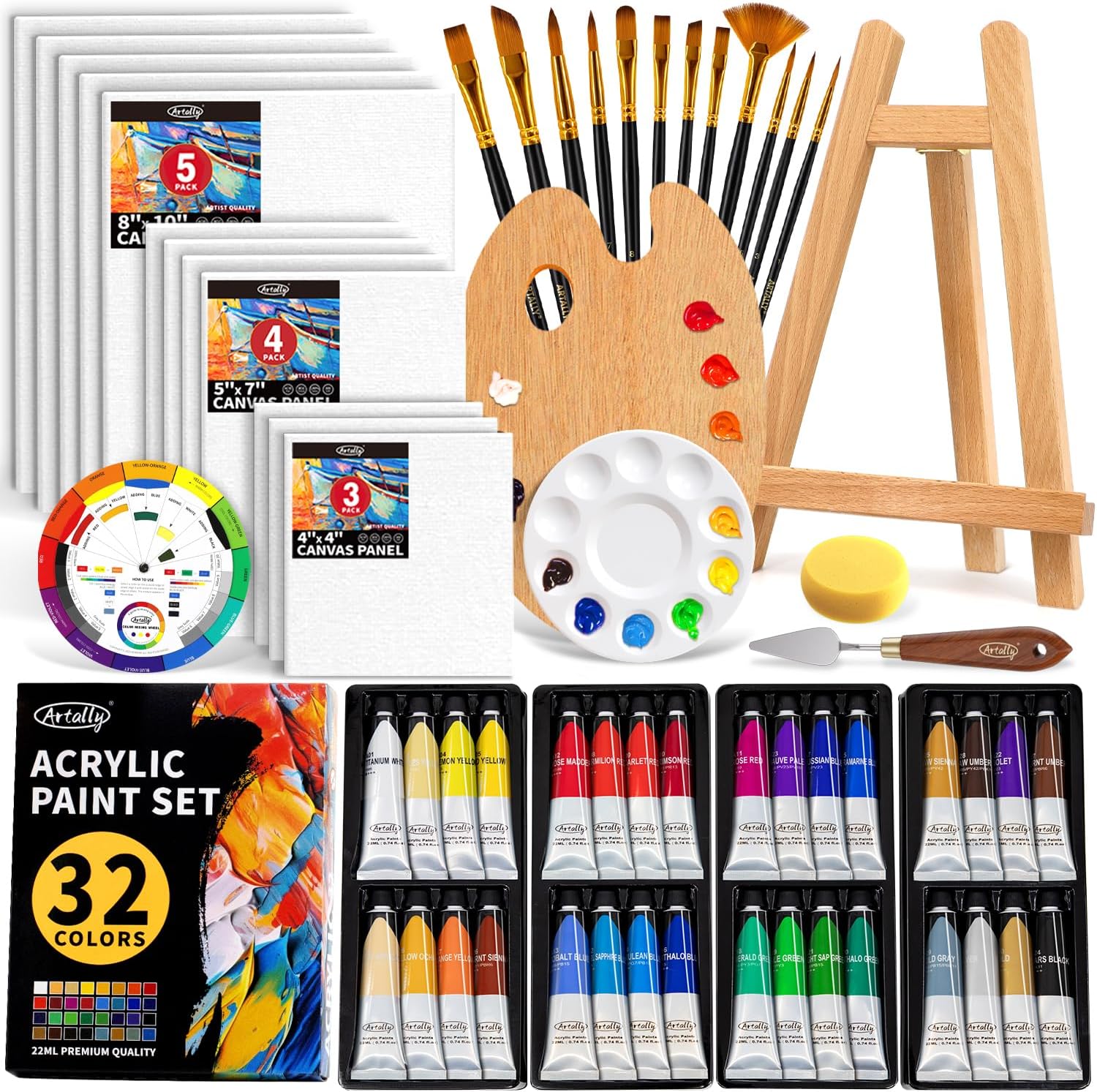 ARTALLY Acrylic Paint Set for Adults & Kids, 62 Pcs Canvas Painting Kits, 32 Colors Acrylic Paint (22ML),Table Easel,Brushes,Canvas, Art Painting Supplies Kit for Students,Artists,Beginners