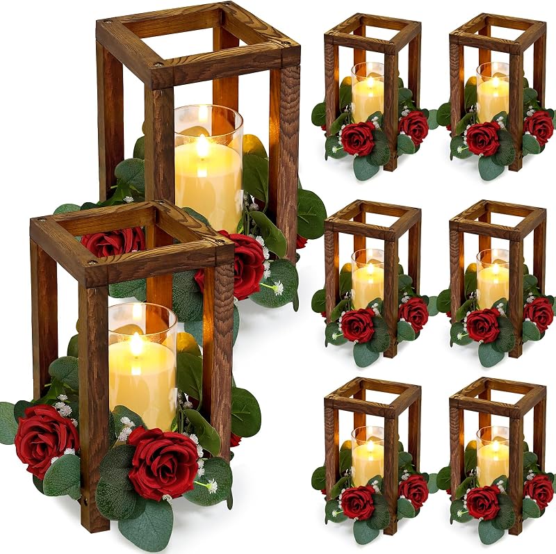 18 Pcs Wedding Wooden Lantern Centerpiece | Rustic Wooden Candle Lantern with Red Rose Candle Rings Wreaths LED Candles, Farmhouse Country Table Decor
