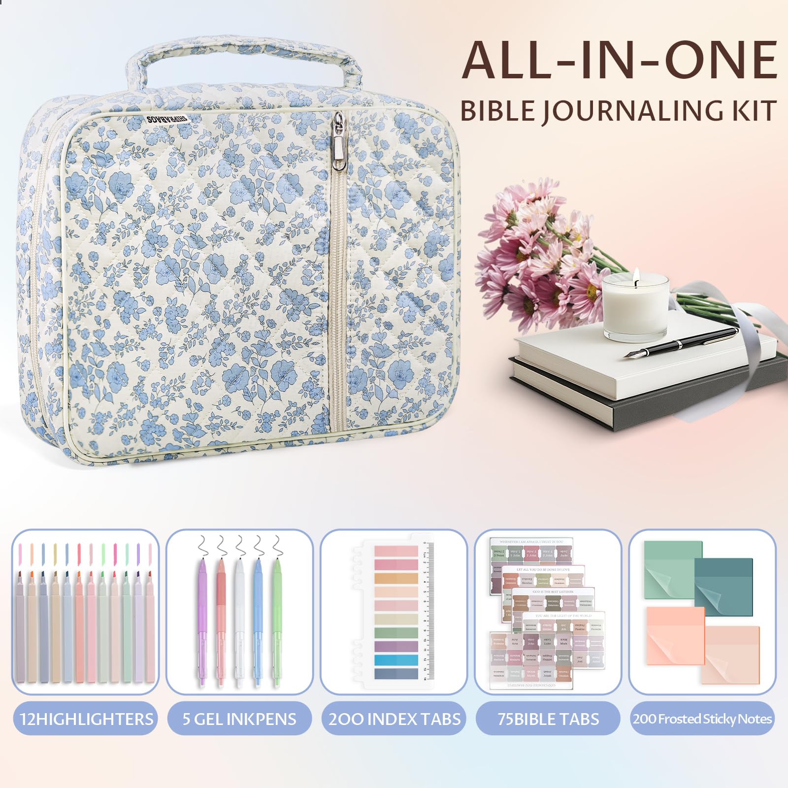 Gesteppte Bibelhülle für Frauen mit Bibelstudiumsbedarf, Journaling-Set, Blumen-Bibeltasche, Tragetasche mit pastellfarbenen Textmarkern, christliche Geschenke für Frauen (blaues