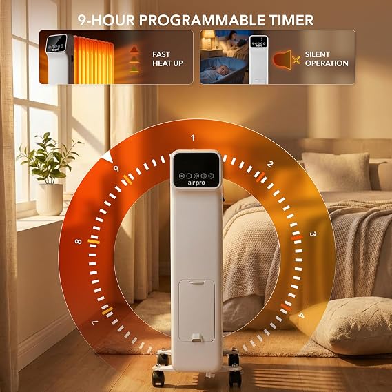 Air Pro Oil Filled Radiator 2500W with Thermostat, 9 Hour Timer, Remote Control – 11 Fin Portable Electric Heater Overheat & Tip-Over Protection Quiet for Home, Office and Any Room Radiator on Wheels