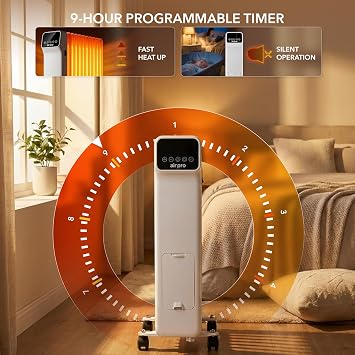 Air Pro Oil Filled Radiator 2500W with Thermostat, 9 Hour Timer, Remote Control – 11 Fin Portable Electric Heater Overheat & Tip-Over Protection Quiet for Home, Office and Any Room Radiator on Wheels