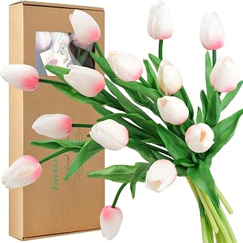 FiveSeasonStuff Real Touch Tulips Artificial Flowers 15 Stems Faux Tulip Bouquet in Gift Box for Wedding, Home Decor, Party, Floral Arrangements Lovable Pink
