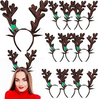 Geosar 10 Pieces Christmas Reindeer Antlers Headbands Cute Reindeer Ears Headband with Bells for Christmas Party Favors (Dark Brown)