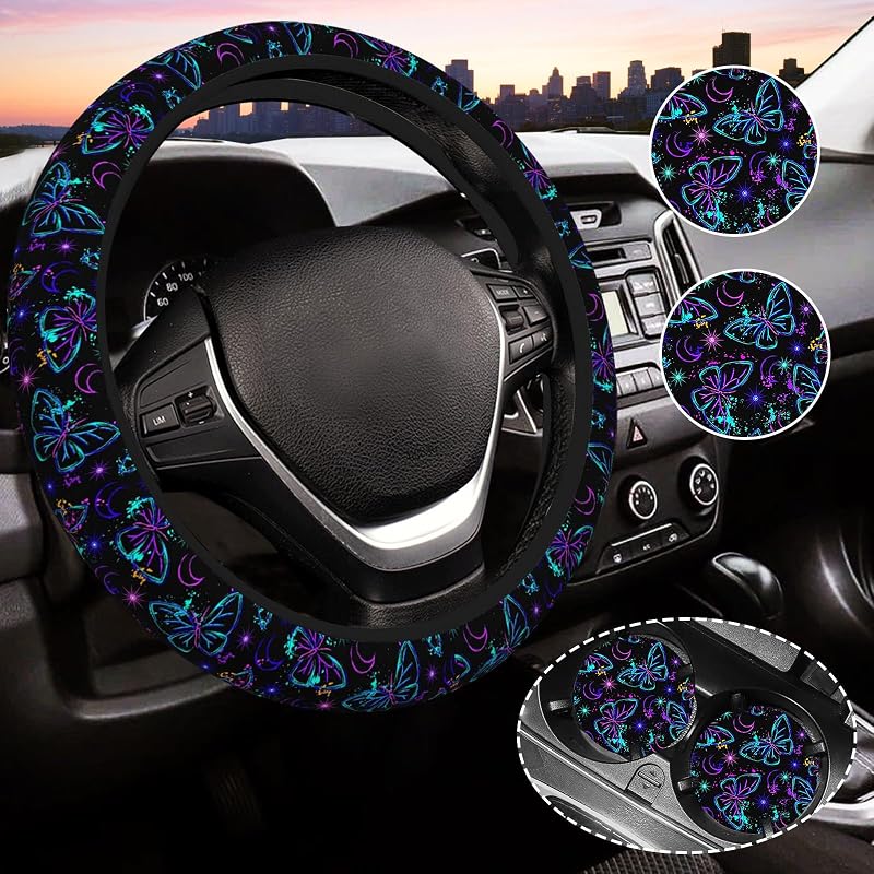 Capa para Volante com Estampa de Borboleta Azul, para Volantes de 37 a 38 cm, com 2 Porta-Copos Automotivos Gwwens