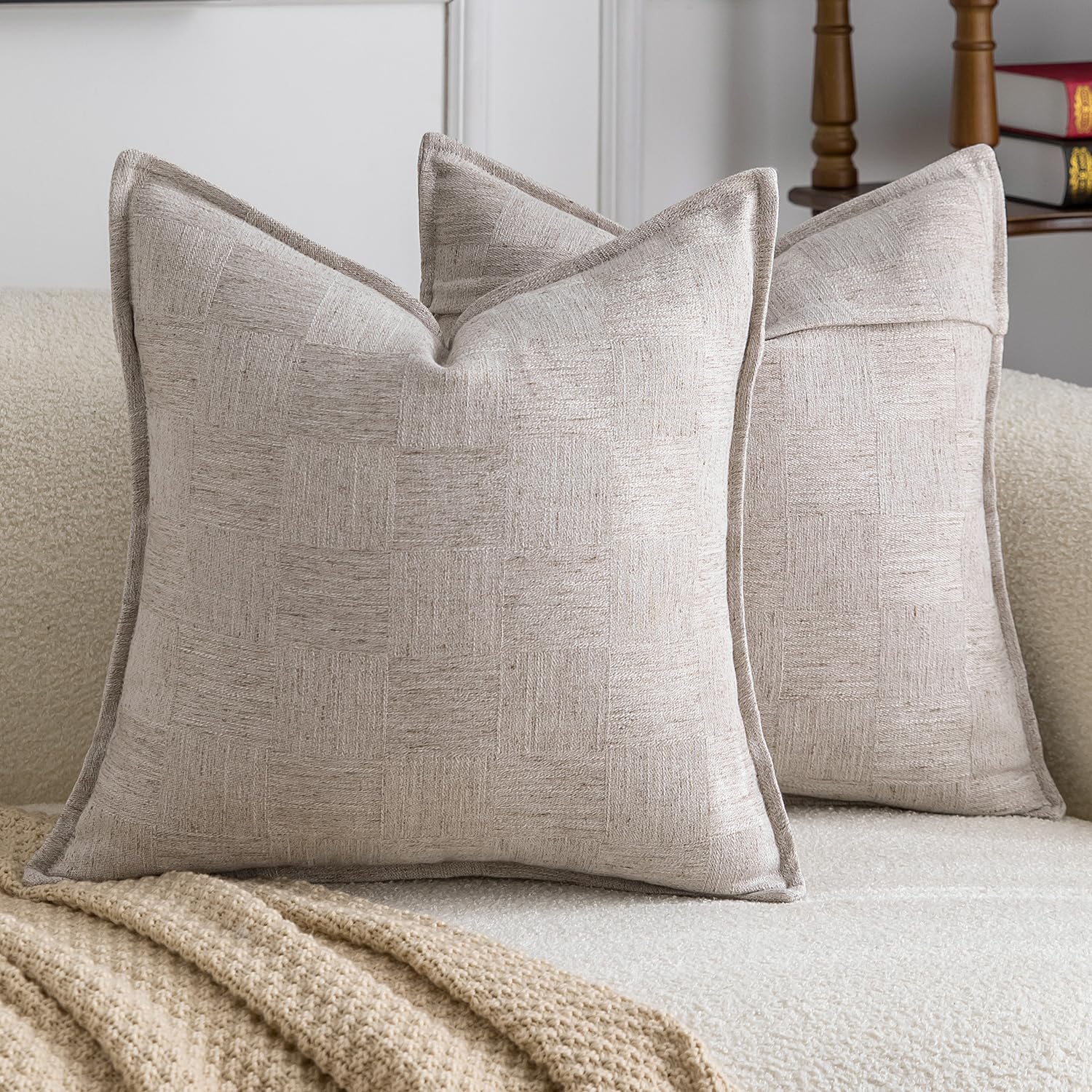 Madizz Pack of 2 Decorative Cushion Covers 50x50 CM Light Taupe Soft Linen Blend Throw Pillows Solid Textured Pillow Covers for Couch Sofa Bedroom Living Room