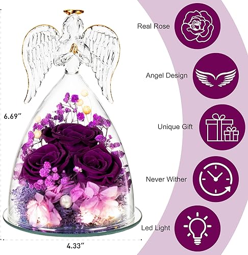 Miniatura 4 de Regalos para ella, figura de ángel de cristal con tres rosas, regalos de rosas reales preservadas para siempre, para mujeres, ángel guardián