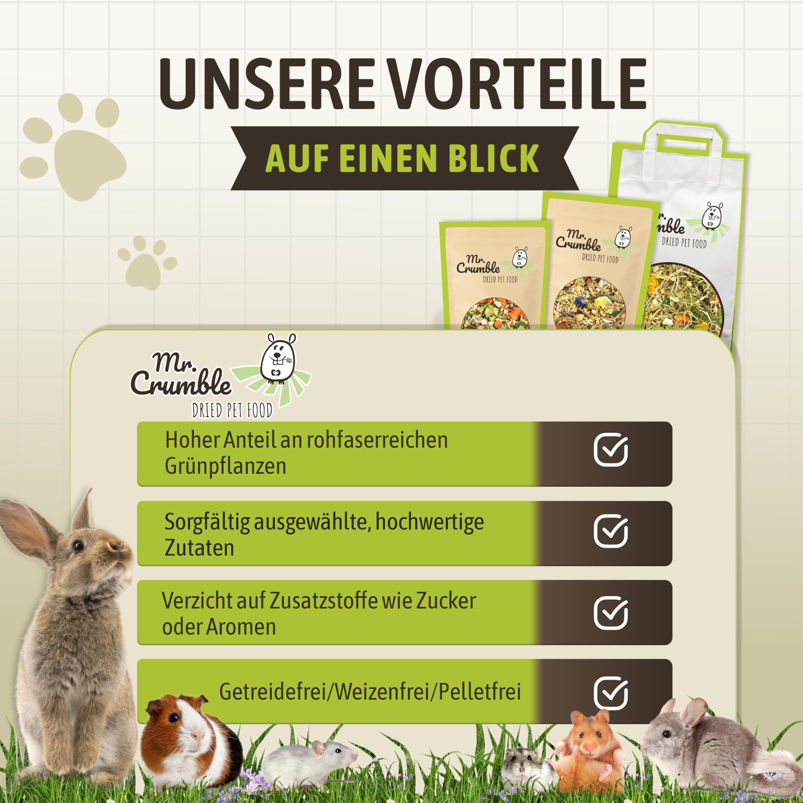 Mr. Crumble Mümmel-Mix Kaninchenfutter 5 kg – getreidefreies Kaninchen Hauptfutter für Zwergkaninchen – ohne Pellets, mit Kräutern, Gemüse, Blüten & Saaten – strukturreiches Trockenfutter