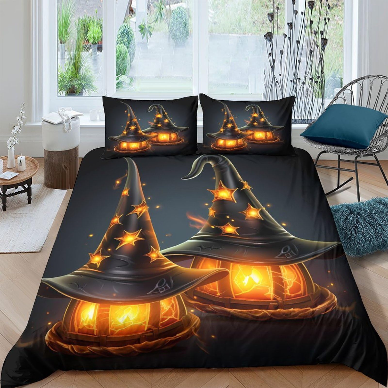 Ctjqhvkz Style-10 3D Printed Witch Hat Fitted Sheet Microfiber Soft Halloween Pumpkin Bed Cover For Bedroom Guest Room Decor Single（135X200cm）
