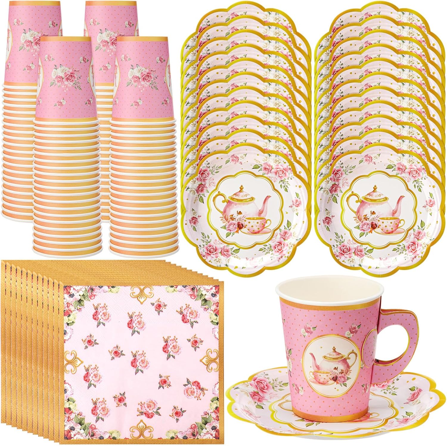 Vesici 150 Pcs Floral Tea Party Decorations for Table 9 oz Disposable Paper Tea Cups with Handles Plates, Saucers and Napkins Set for Spring Party Girl Birthday Wedding Mothers Day(Teapot)