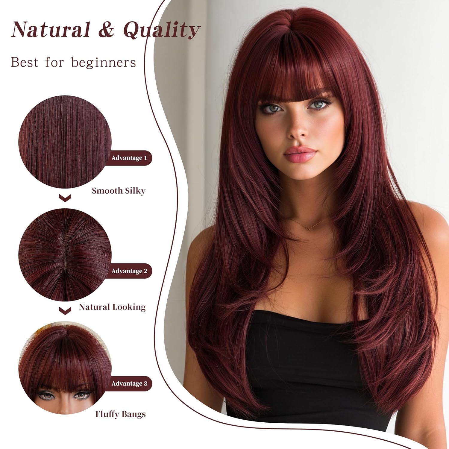 PARK YUN 27IN Auburn Maroon Layered Straight Wig with Bangs for Women Glueless Reddish Red Wigs Synthetic High-temperature Fiber Natural Looking Wig Ready to Go Daily Use Cosplay Party - Image 2