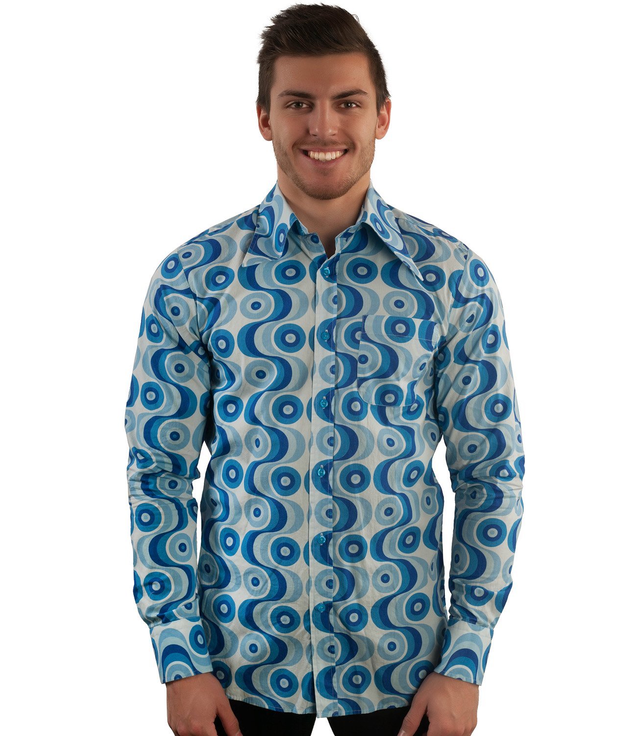 Comycom 70er-Jahre Muster Herren Freizeithemd Waves blau - Slimfit Partyhemd für 70er-Party, Schlager-Party oder als Disco-Outfit