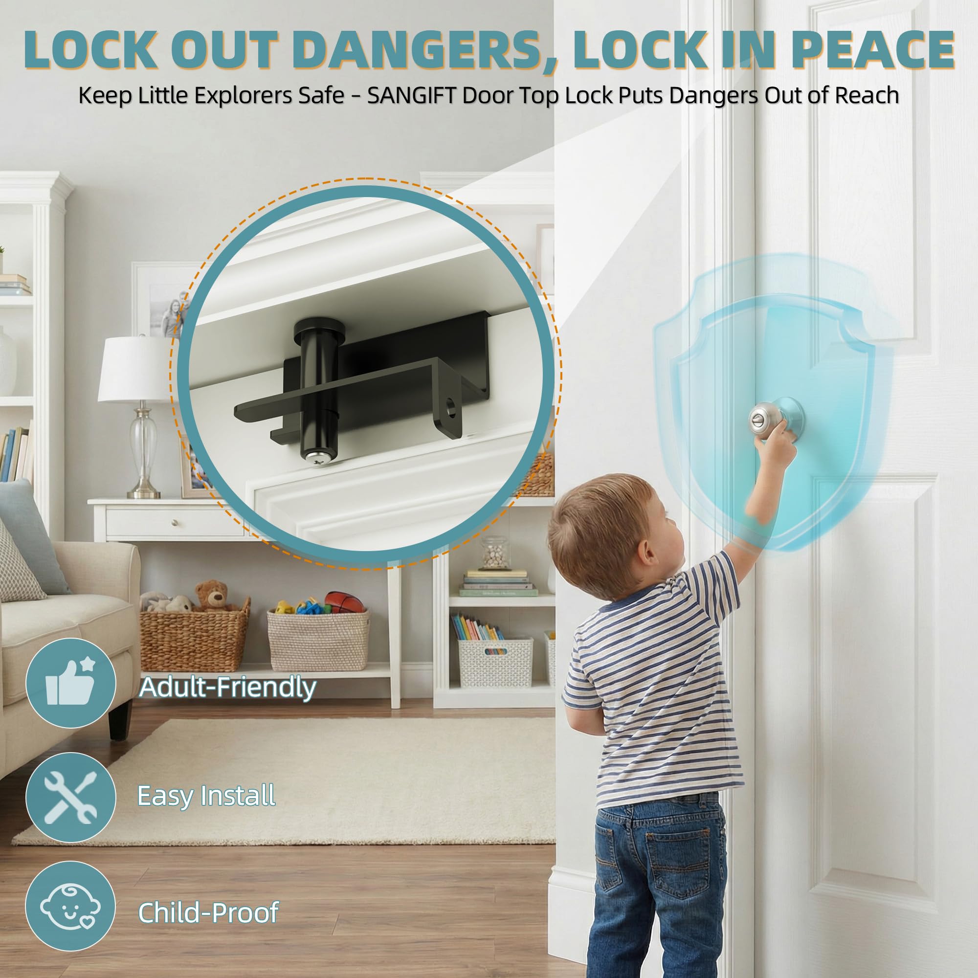 Cerradura superior de puerta de seguridad ajustable para niños con agarre ergonómico, 2 mm de grosor, acero sólido, a prueba de niños, cerradura superior para puertas interiores y exteriores