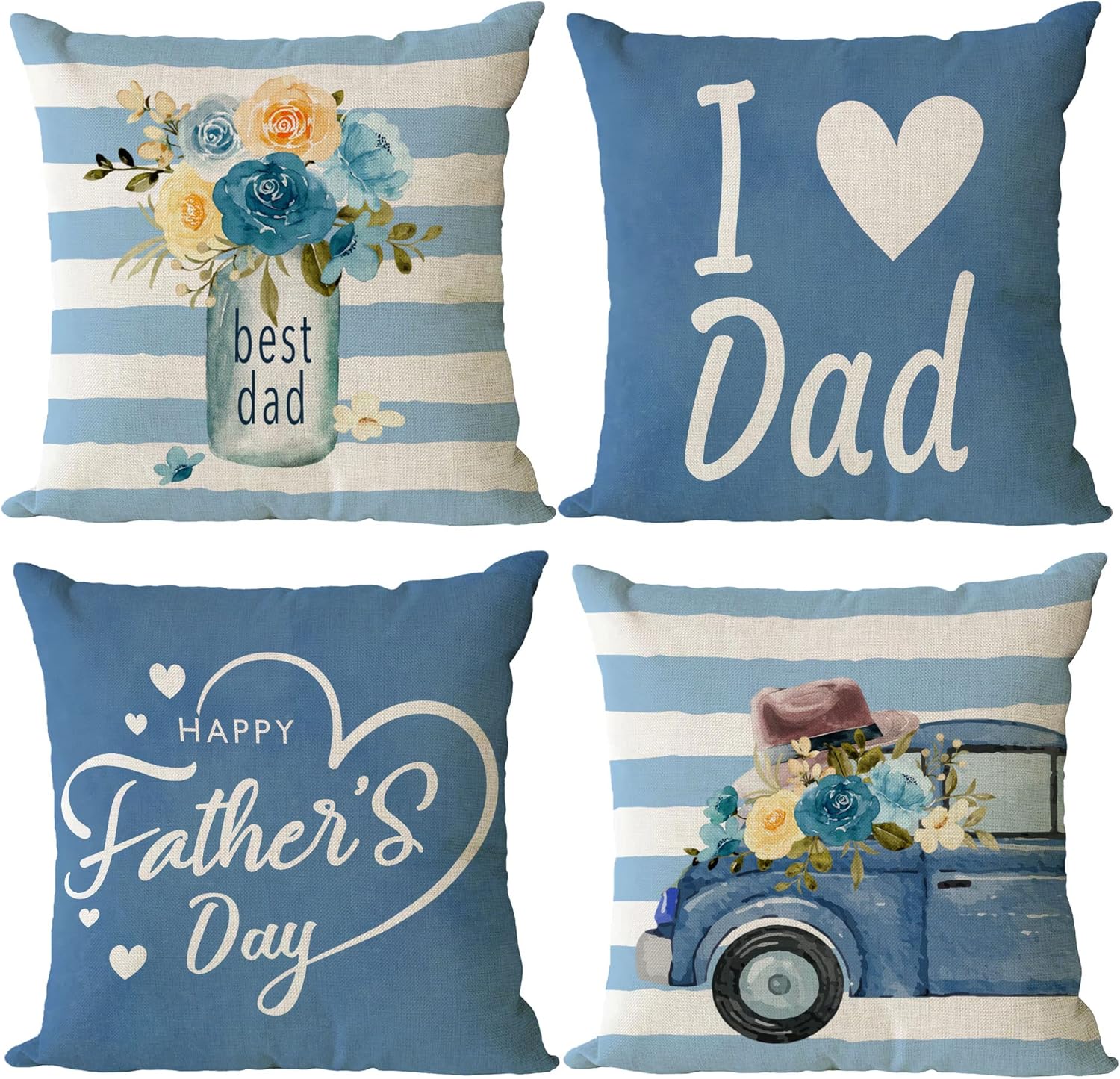 YeeJu Happy Fathers Day Pillow Covers 20x20 Set of 4 Blue Floral Throw Pillow Covers I Love Dad Pillow Cases Outdoor Sofa Couch Decorations Cushion Covers Gift for Papa Grandpa Birthday (20 Inch)