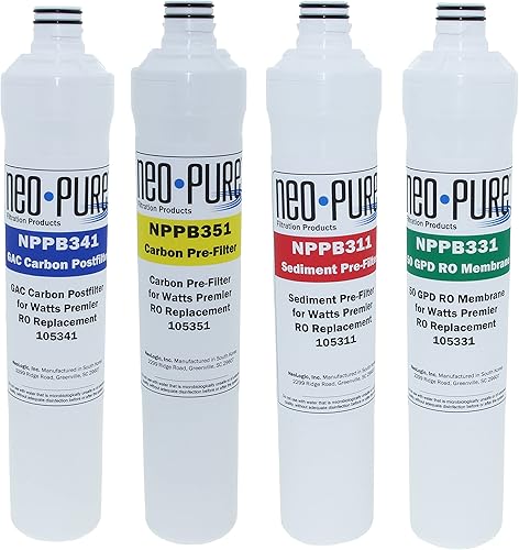 Neo-Pure Kit de repuesto de filtro de agua de ósmosis inversa compatible con Watts Premier (kit de repuesto compatible, 4 unidades (paquete de 1)