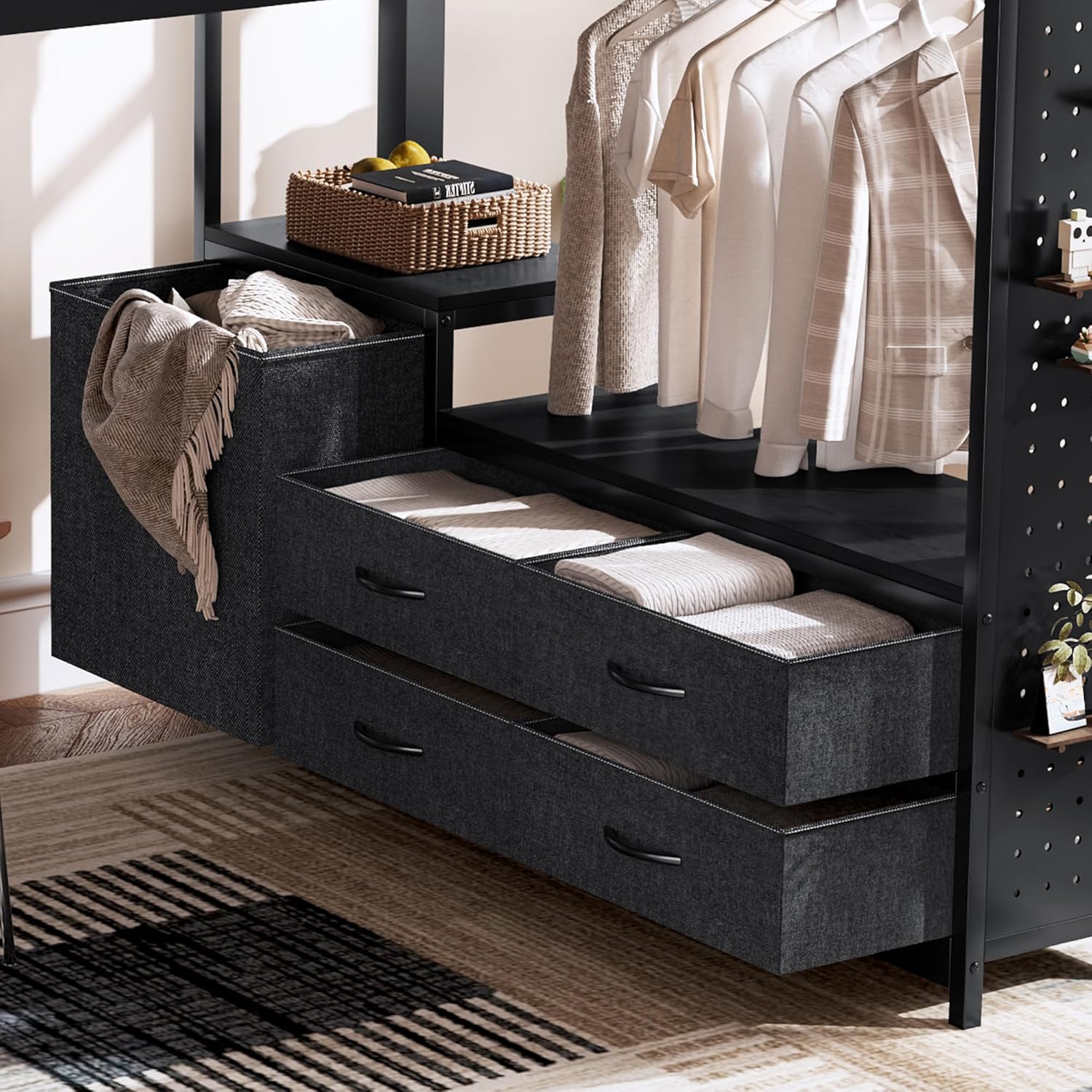 Bellemave Queen Size Loft Bed with Desk and Storage Pegboard, Queen Loft Bed Frame with Storage Drawers, Laundry Hamper and Clothes Hanging Rod, Adults Loft Beds Nosie-Free, Black