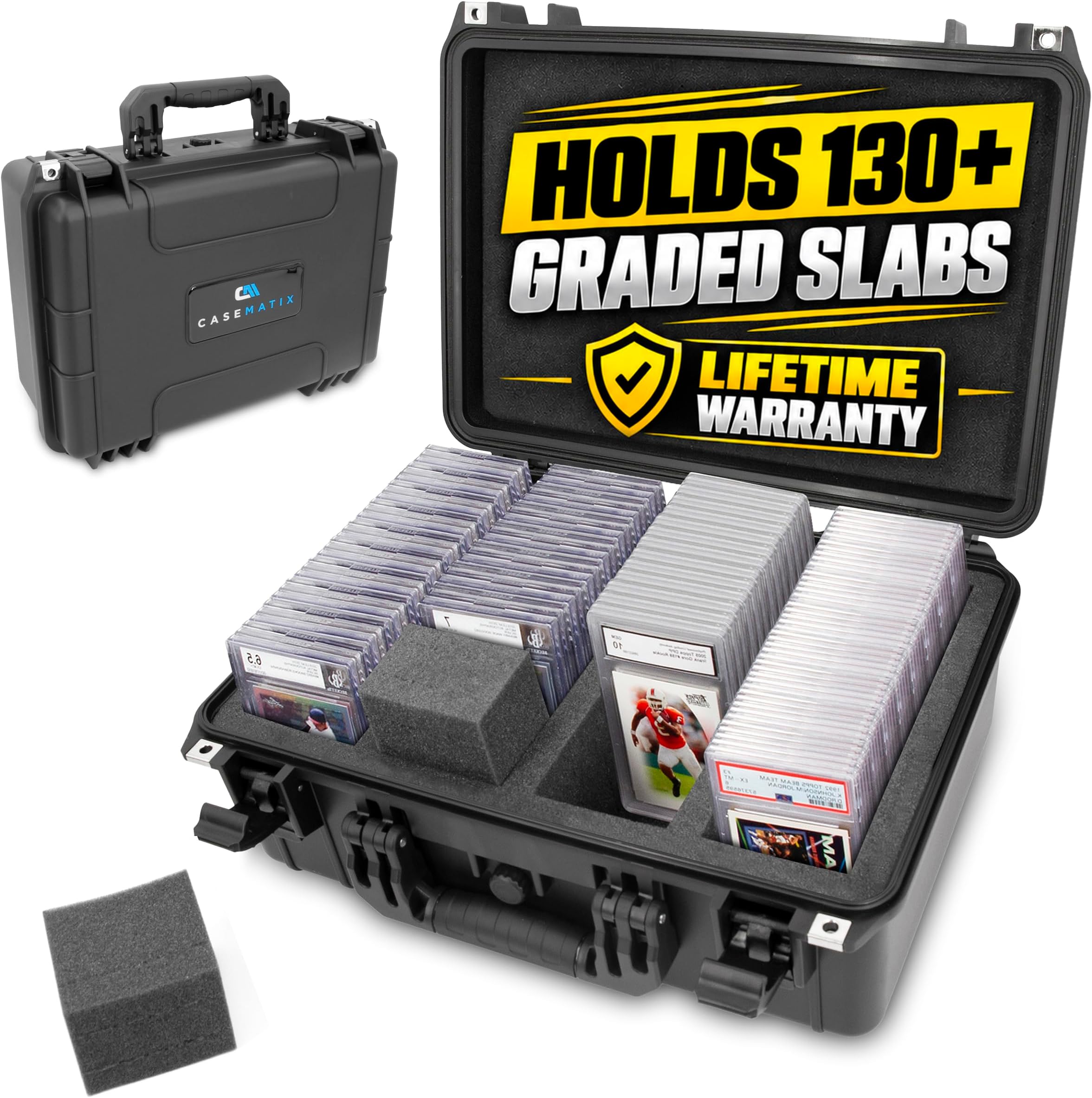 Graded Card Case Compatible with 120+ BGS PSA FGS Graded Sports Trading Cards, Waterproof Graded Slab Trading Card Box with Precut Card Carrying Case Impact Absorbing Foam Slots