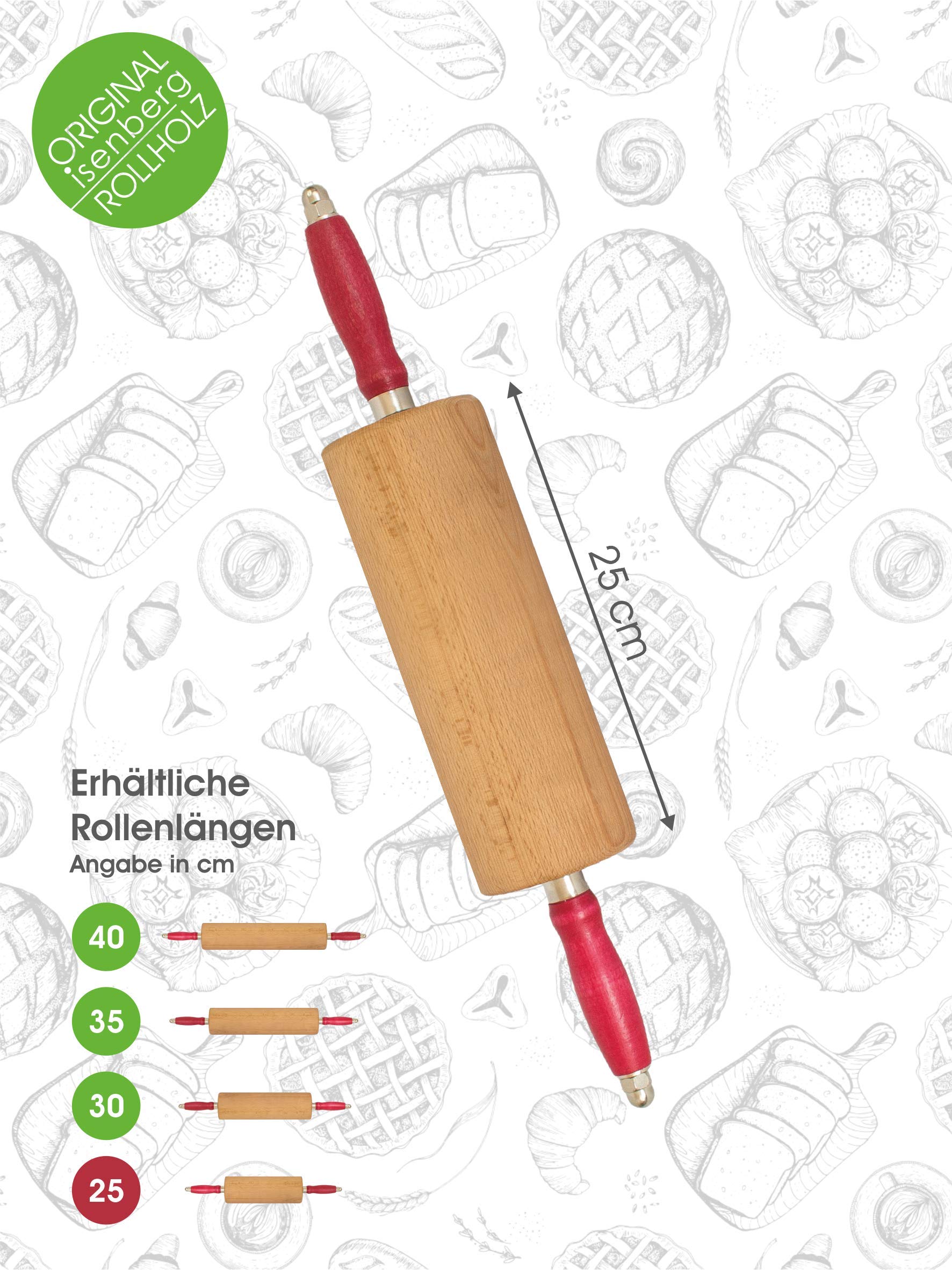 isenberg® Profi Rollholz - aus einem Stück Buchenholz - Kugelgelagert (25 cm) (Nudelholz, Teigrolle, Backrolle)