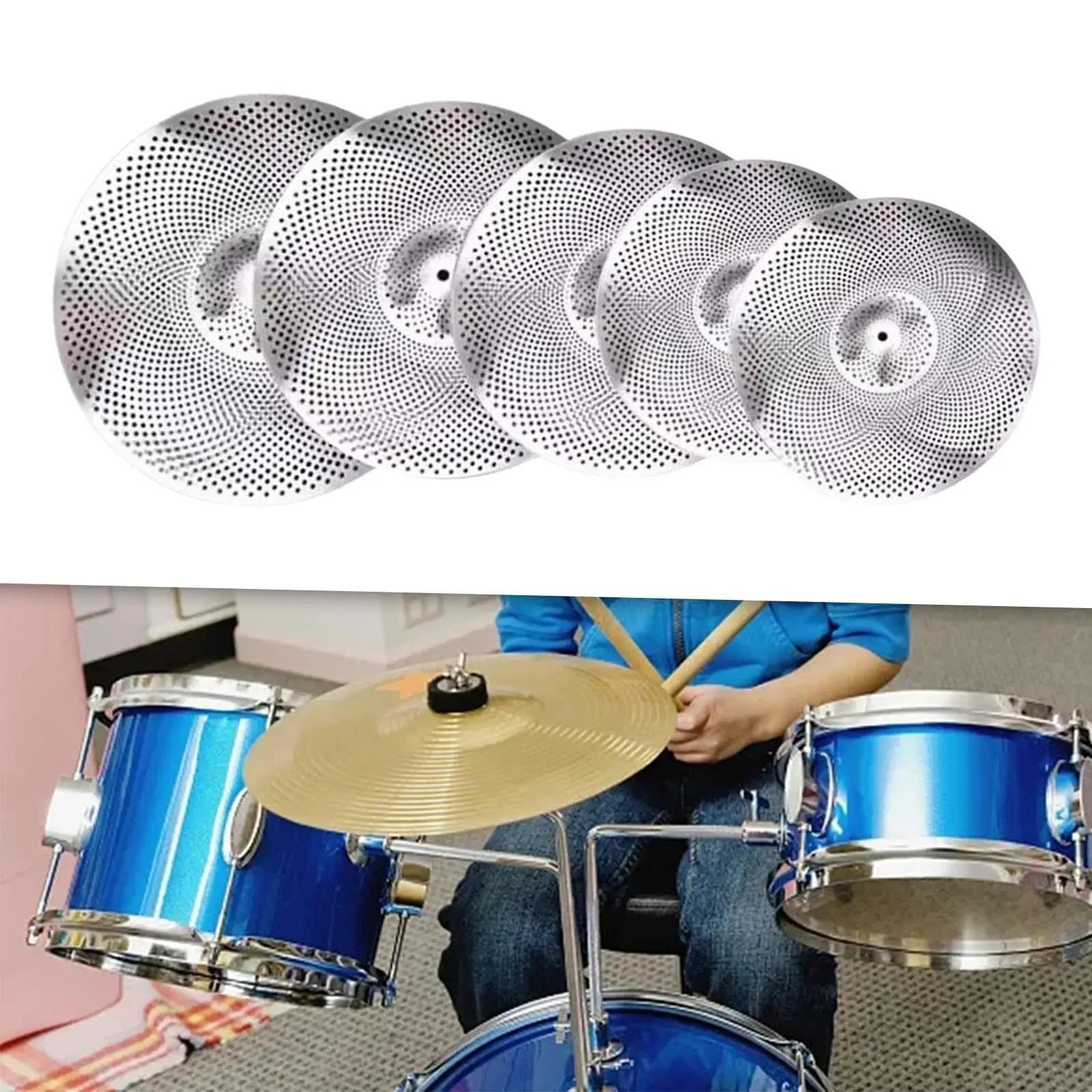 5-teiliges 14-Zoll-Hi-Hat-Becken + 16-Zoll-Crash-Becken + 18-Zoll-Rash-Becken + 20-Zoll-Ride-Becken mit geringer Lautstärke für Schlagzeug, Proberaum, Wohnung