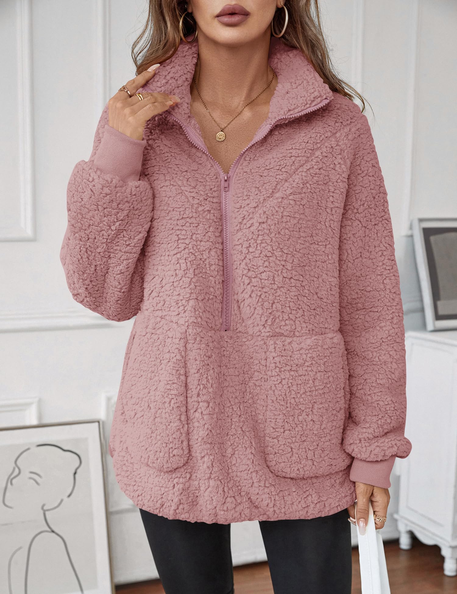 Rapbin Pull à demi-fermeture éclair pour femme - Veste polaire Sherpa pelucheuse - Vêtement d'extérieur chaud avec poches - Tailles S-XL