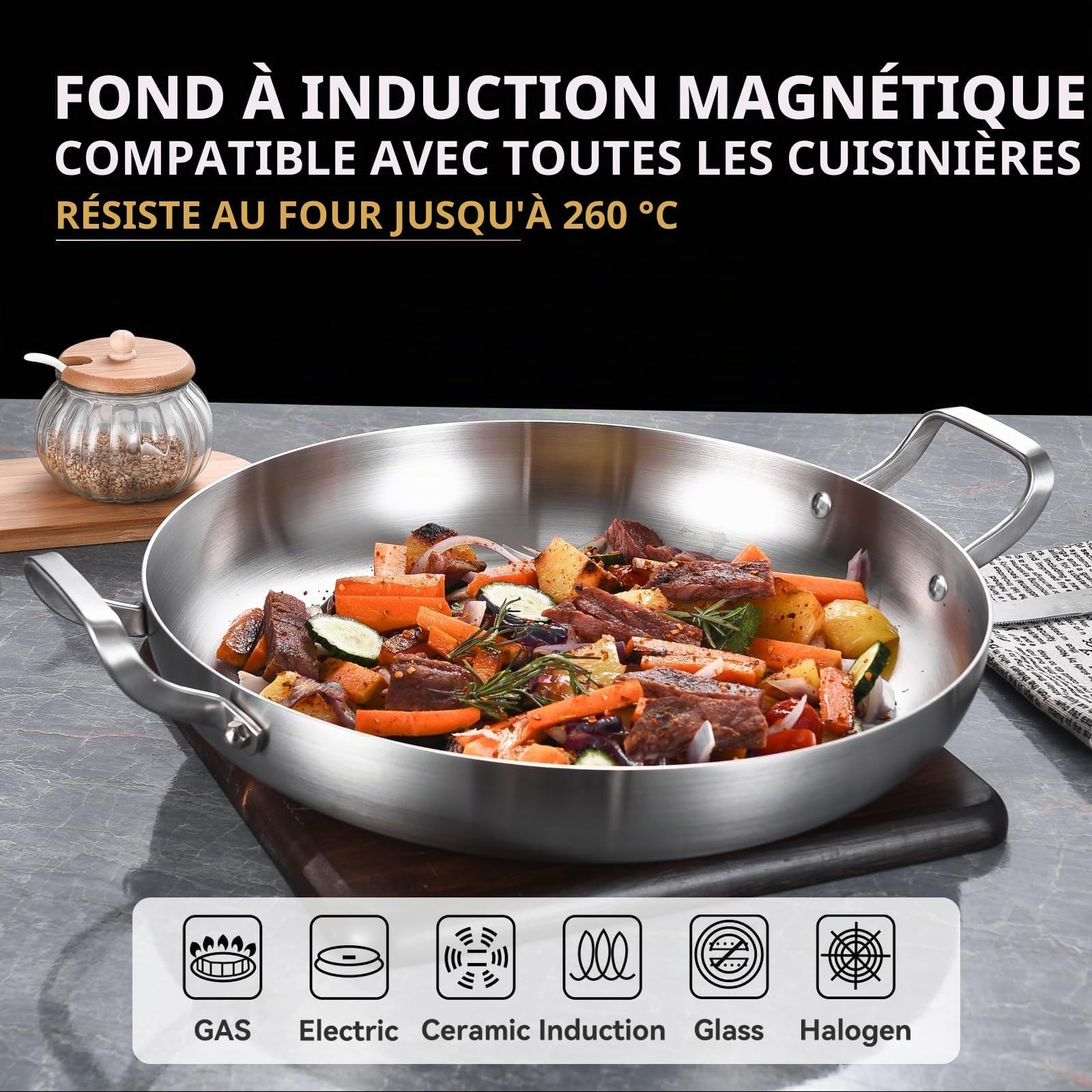 Inqibee Sartén de paella de acero inoxidable de tres capas de 30 cm con tapa, sartén para cocinar por inducción, calentamiento uniforme y apta para horno